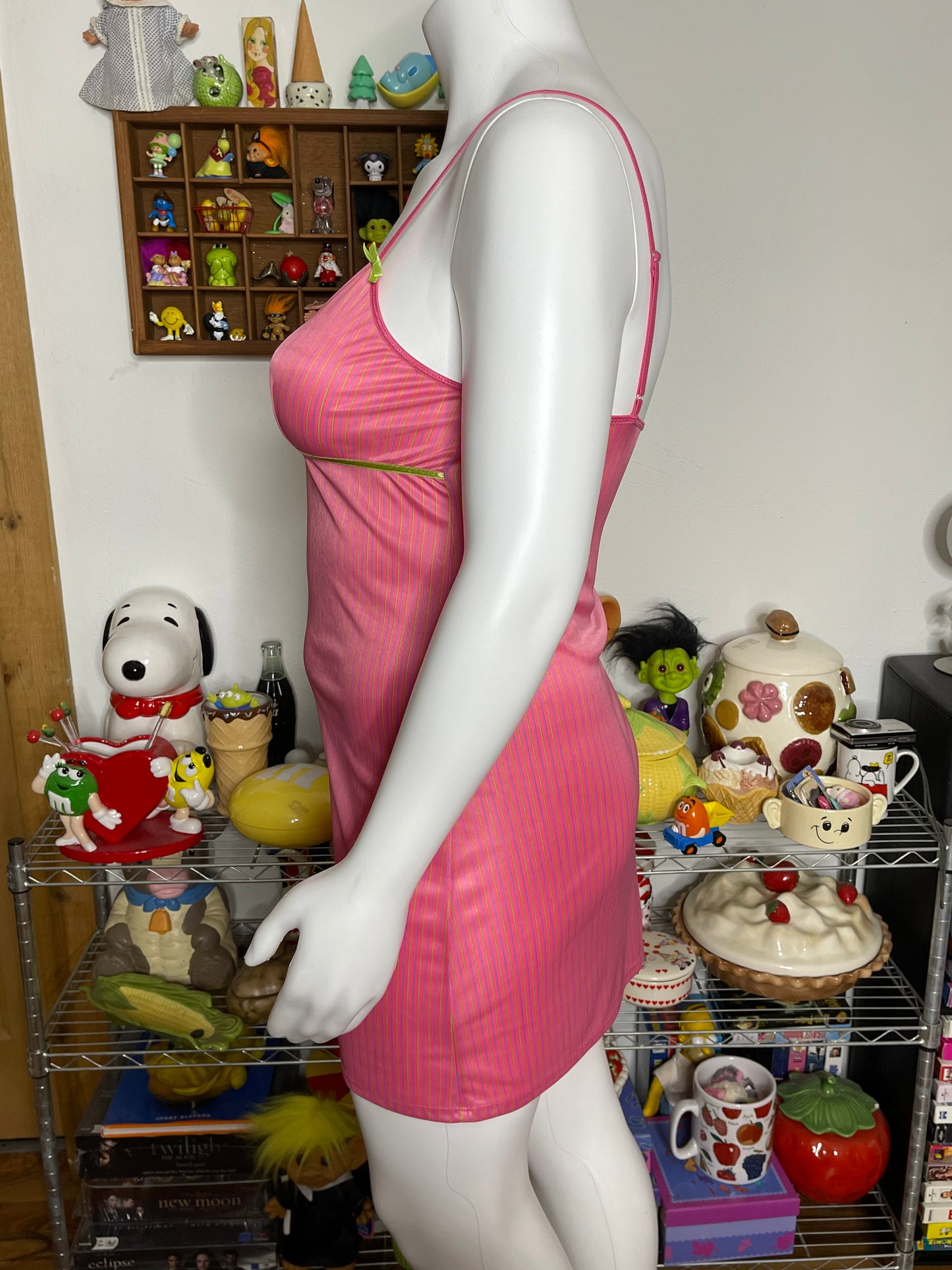 2000s Pink Striped Sheer Mini Slip Dress Sz L