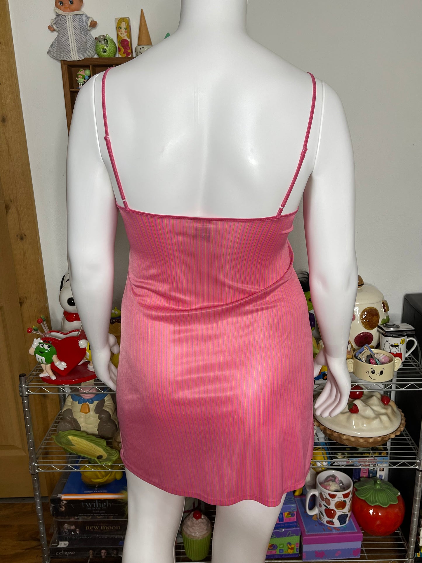 2000s Pink Striped Sheer Mini Slip Dress Sz L