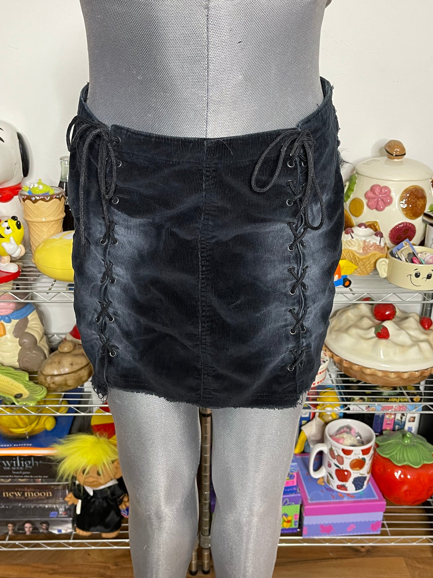 2000s Black Thin Corduroy Lace Up Mini Skirt Sz M/L