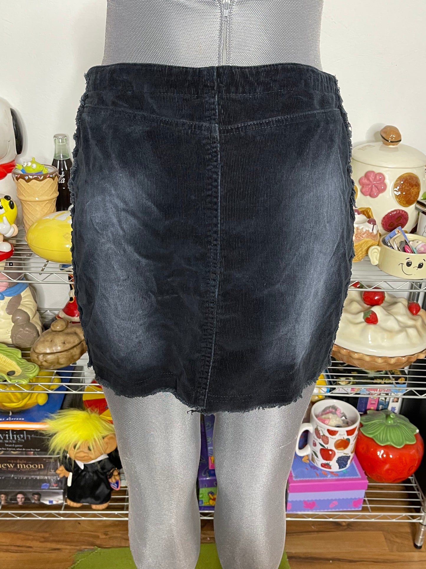 2000s Black Thin Corduroy Lace Up Mini Skirt Sz M/L