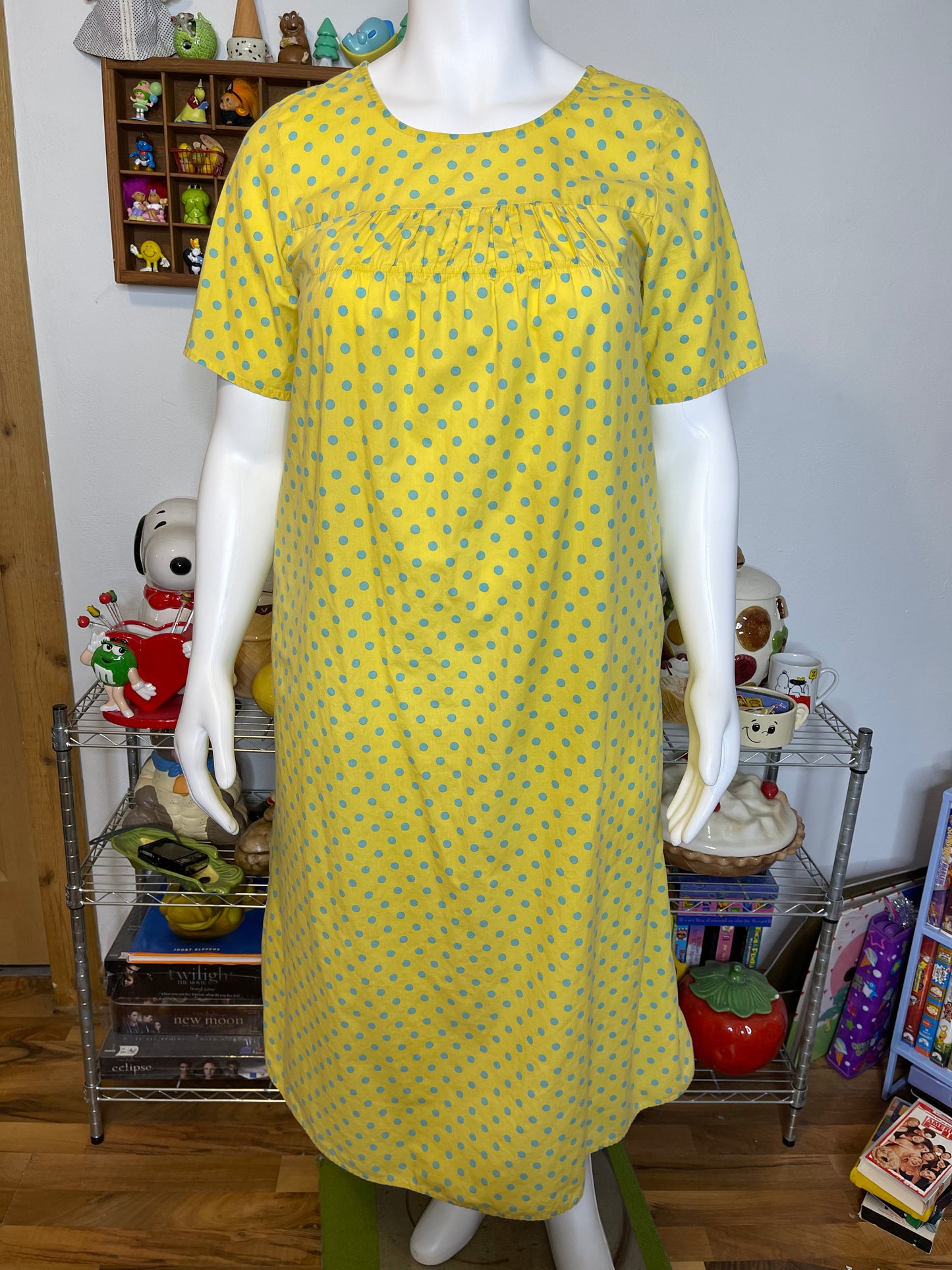 Vintage Yellow And Blue Polka Dot Oversized Sleep Dress Sz M/L