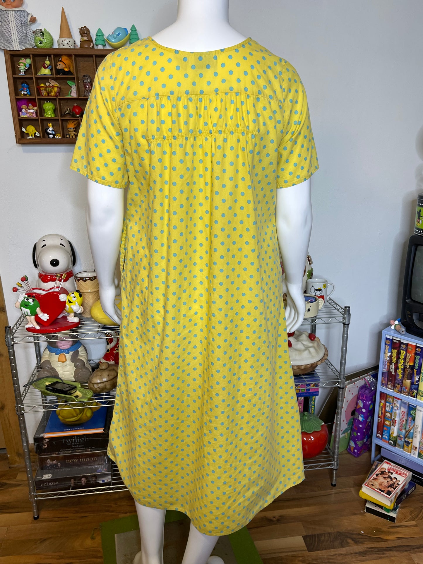 Vintage Yellow And Blue Polka Dot Oversized Sleep Dress Sz M/L