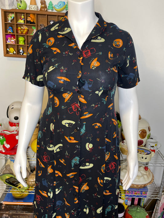 Vintage Whimsy Sun Hat & Watering Can Print Maxi Dress Sz L