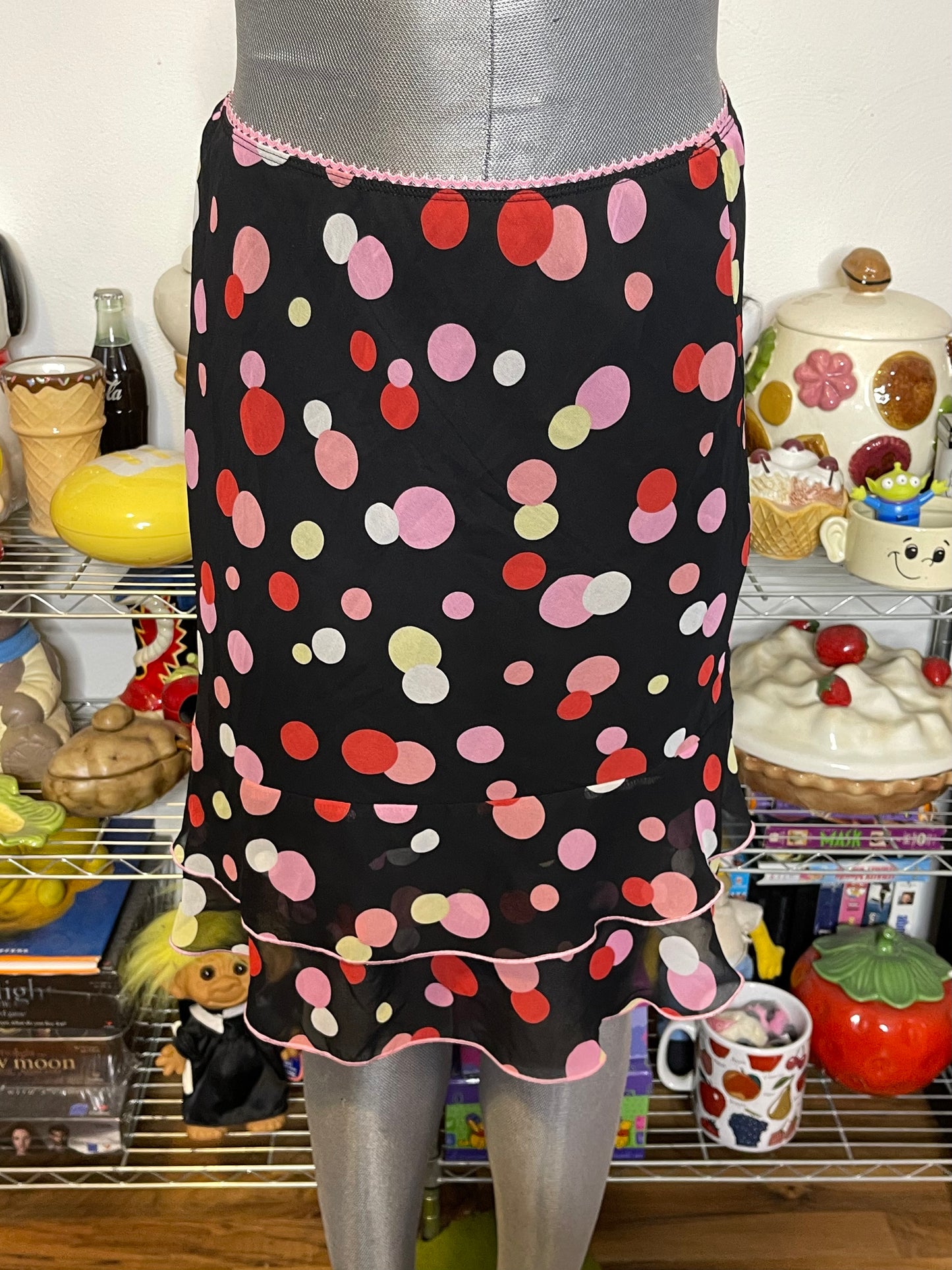 Y2K Black Colorful Polkadot Sheer Layered Midi Skirt Sz L