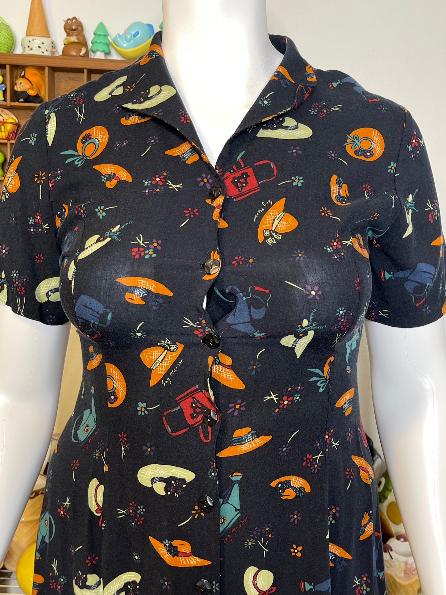 Vintage Whimsy Sun Hat & Watering Can Print Maxi Dress Sz L