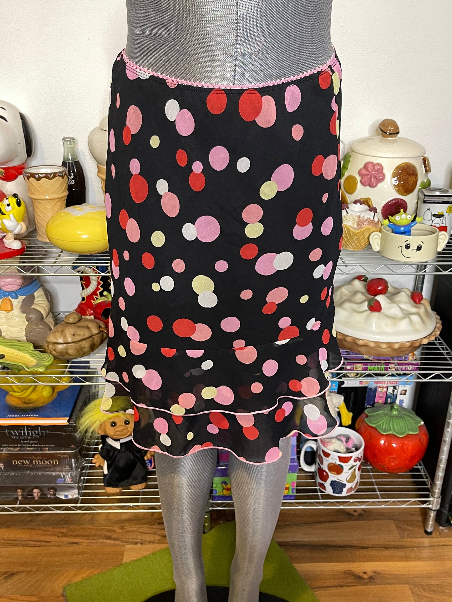 Y2K Black Colorful Polkadot Sheer Layered Midi Skirt Sz L