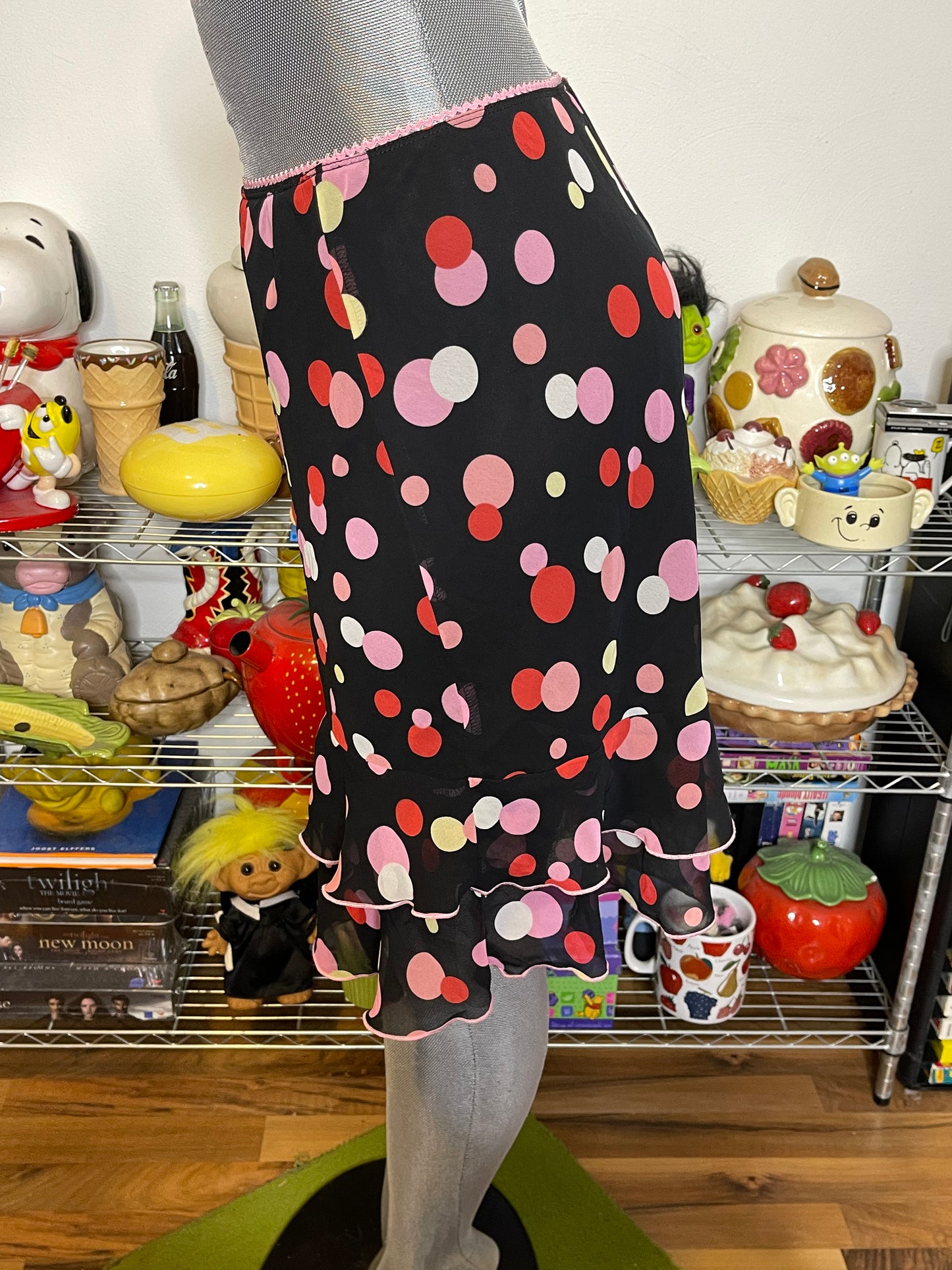 Y2K Black Colorful Polkadot Sheer Layered Midi Skirt Sz L