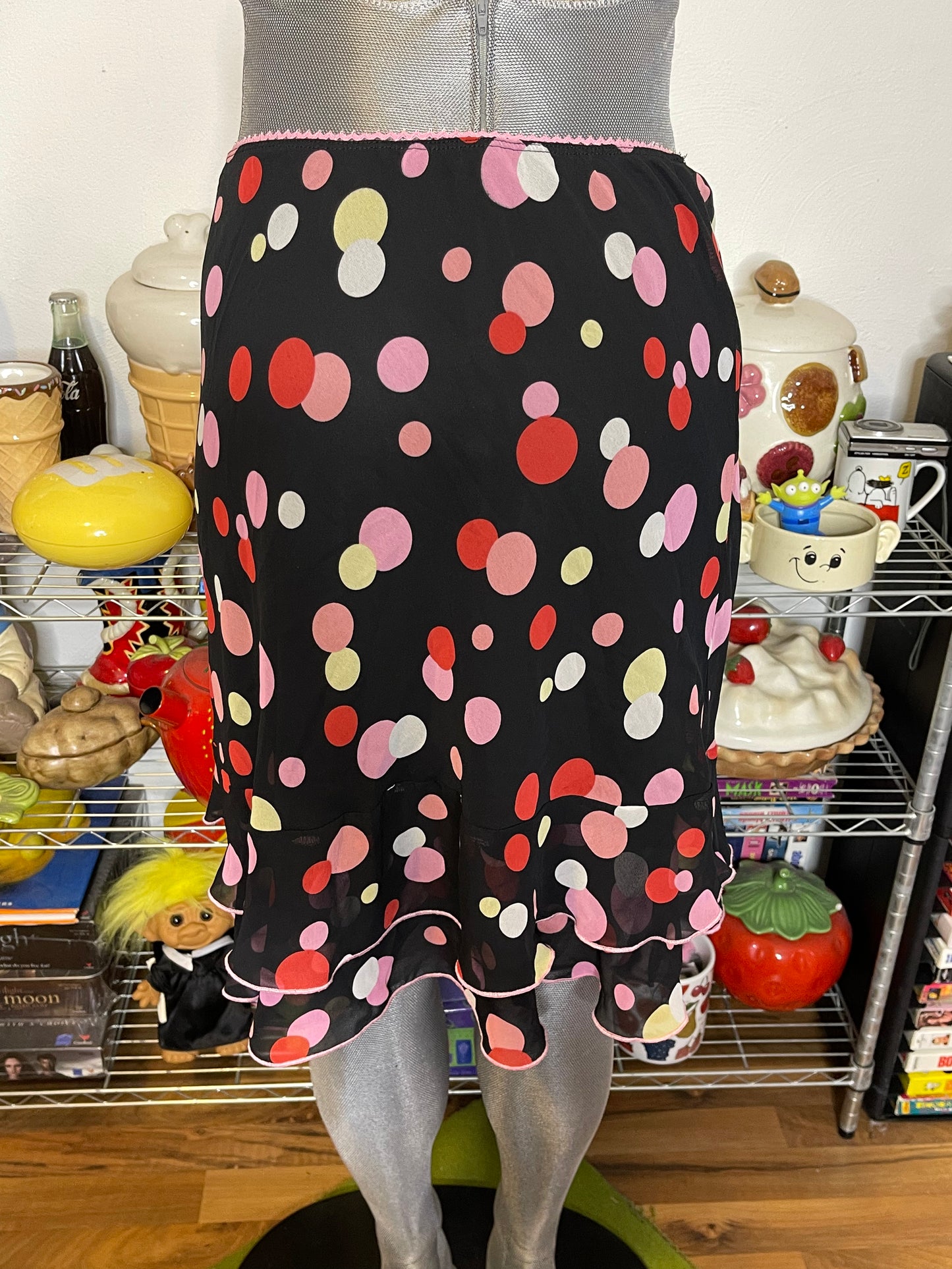 Y2K Black Colorful Polkadot Sheer Layered Midi Skirt Sz L