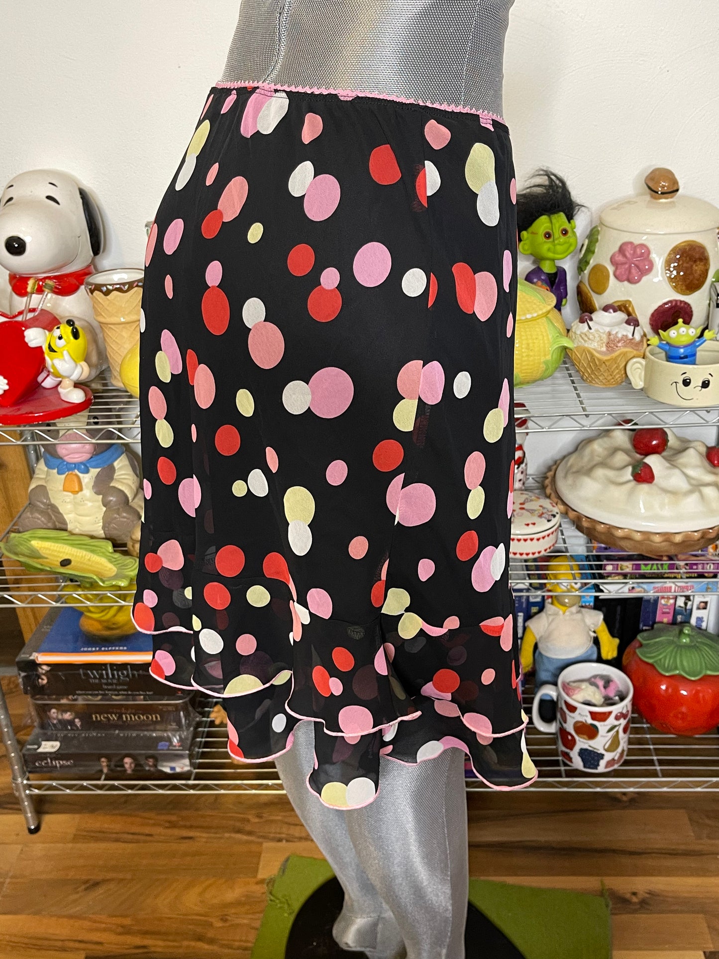 Y2K Black Colorful Polkadot Sheer Layered Midi Skirt Sz L