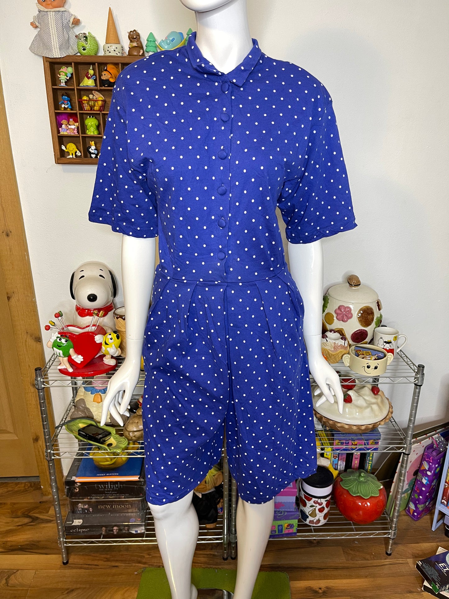 Vintage Deadstock Blue Polka Dot Retro Romper Sz M