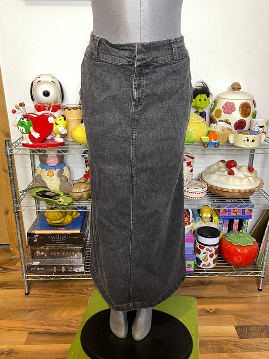 Vintage 2000s Tommy Hilfiger Faded Black Denim Maxi Skirt Sz 14
