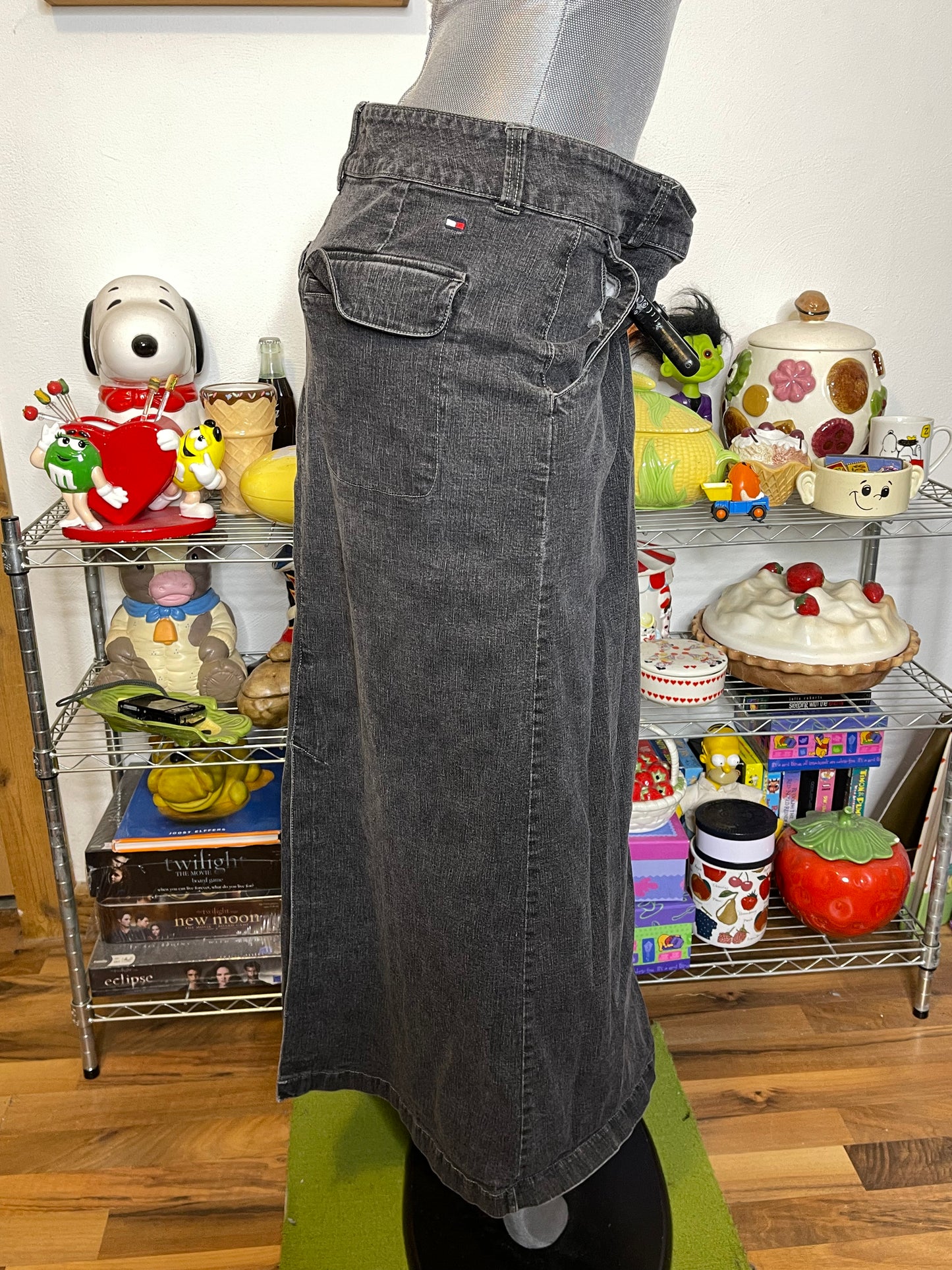 Vintage 2000s Tommy Hilfiger Faded Black Denim Maxi Skirt Sz 14