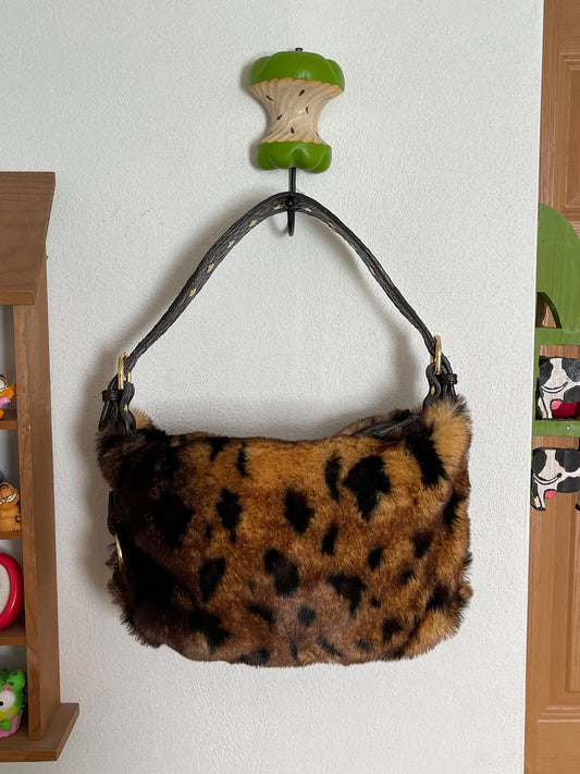 2000s Faux Leopard Fur Print Shoulder Bag