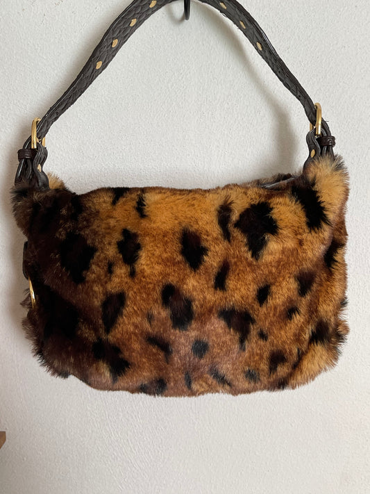 2000s Faux Leopard Fur Print Shoulder Bag