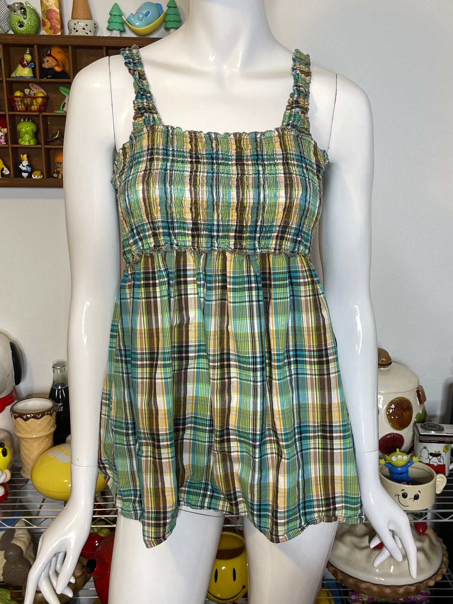 2000s Green Multi-Color Plaid Tank Top Sz M