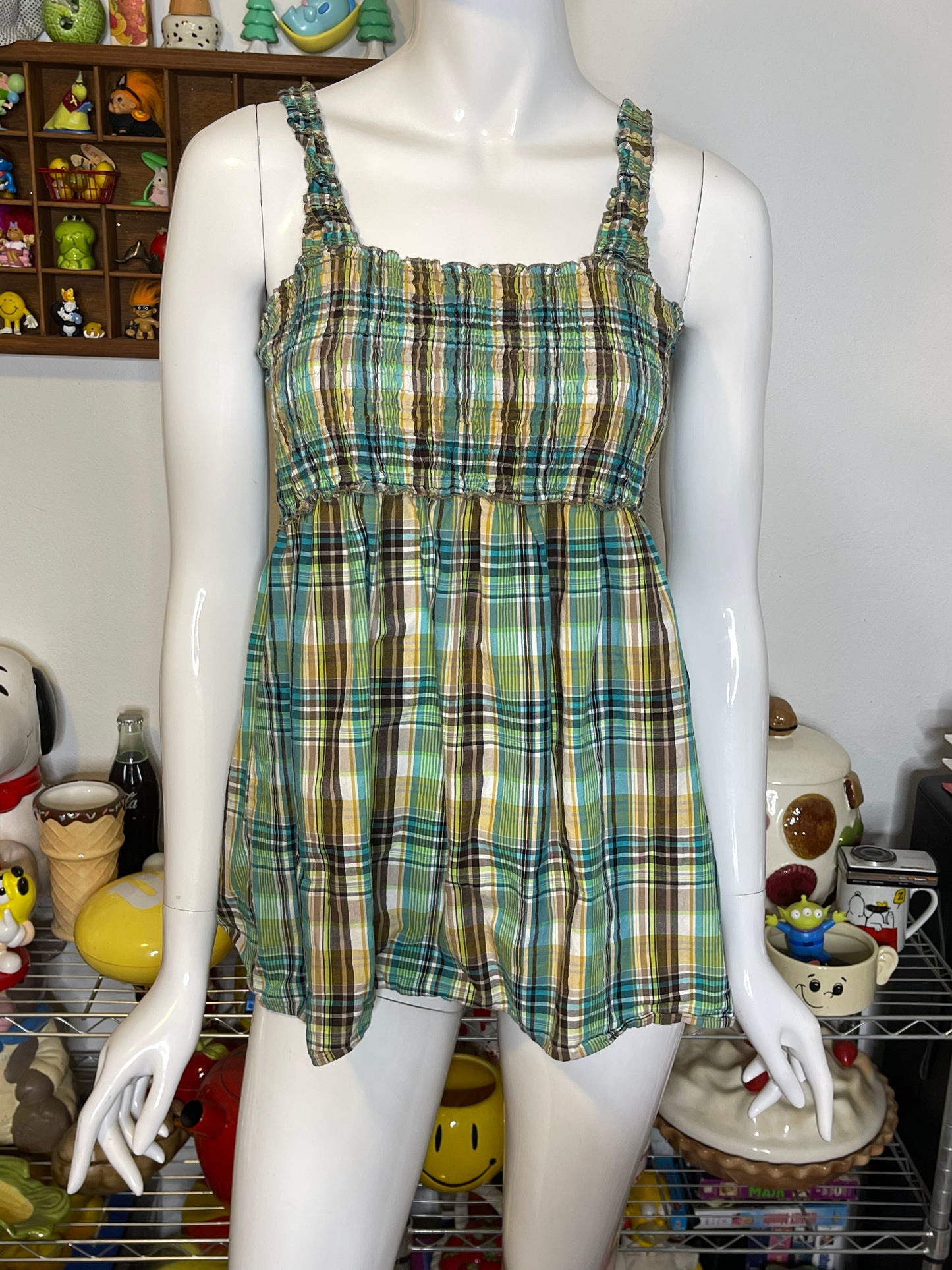 2000s Green Multi-Color Plaid Tank Top Sz M
