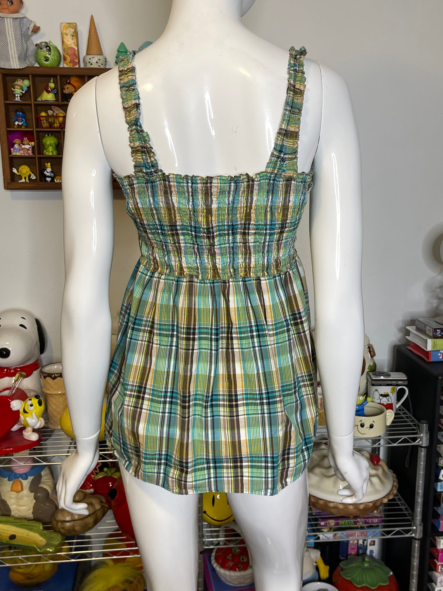 2000s Green Multi-Color Plaid Tank Top Sz M