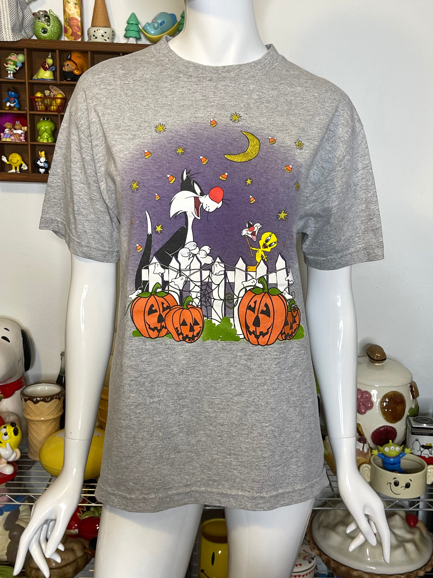 Vintage Tweety & Sylvester Gray Halloween Graphic Tee Sz M