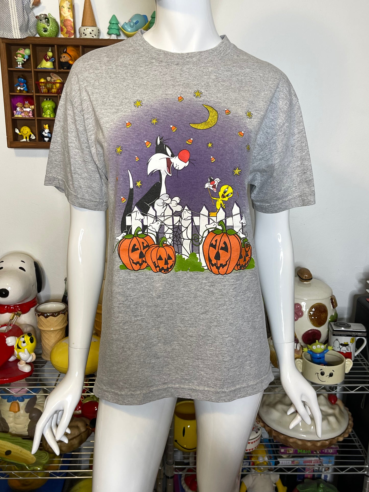 Vintage Tweety & Sylvester Gray Halloween Graphic Tee Sz M