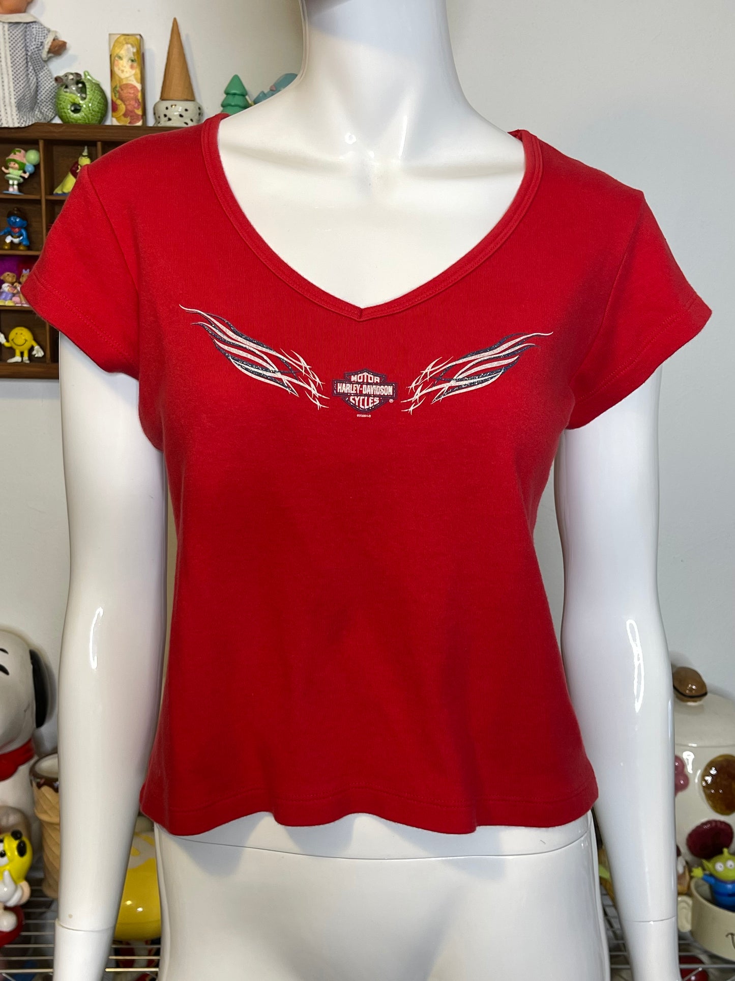 2000s Red Glitter Graphic Harley Davidson V-Neck Top Sz M/L