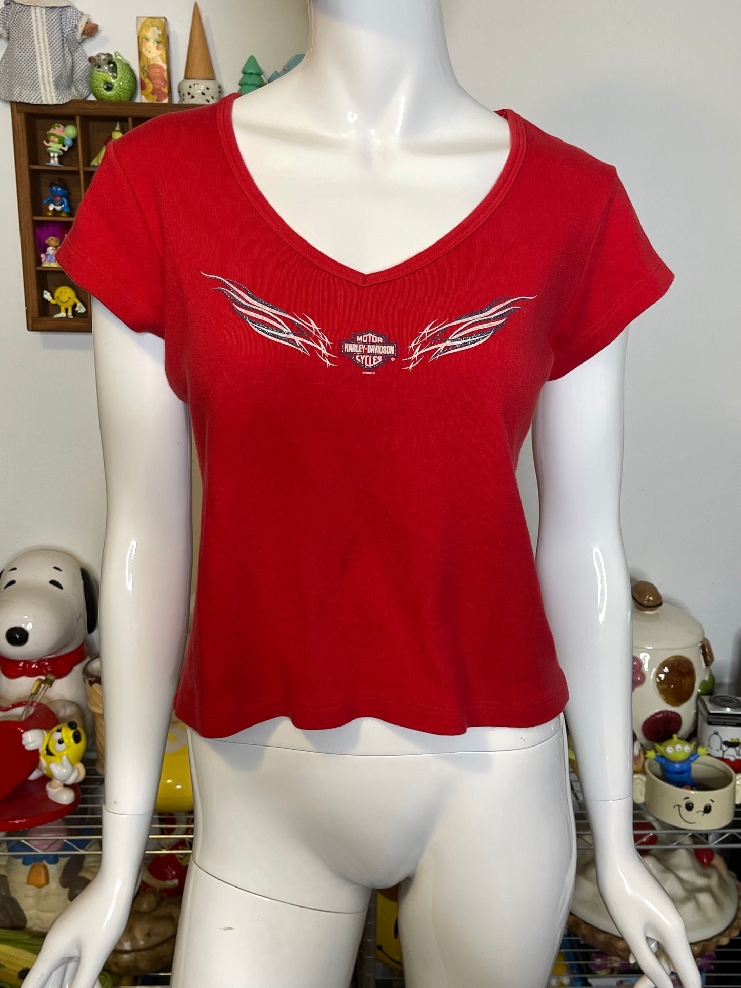 2000s Red Glitter Graphic Harley Davidson V-Neck Top Sz M/L