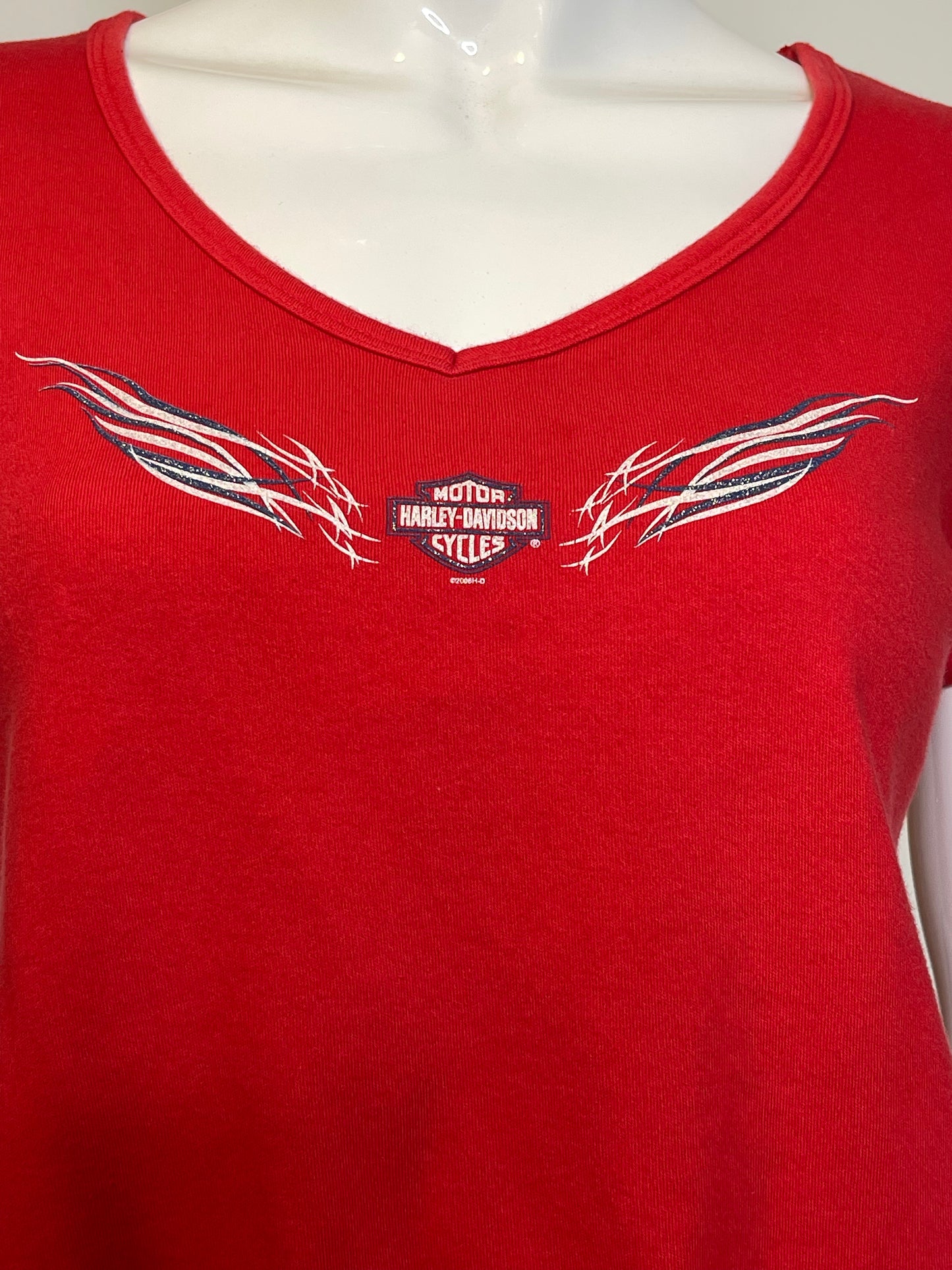 2000s Red Glitter Graphic Harley Davidson V-Neck Top Sz M/L