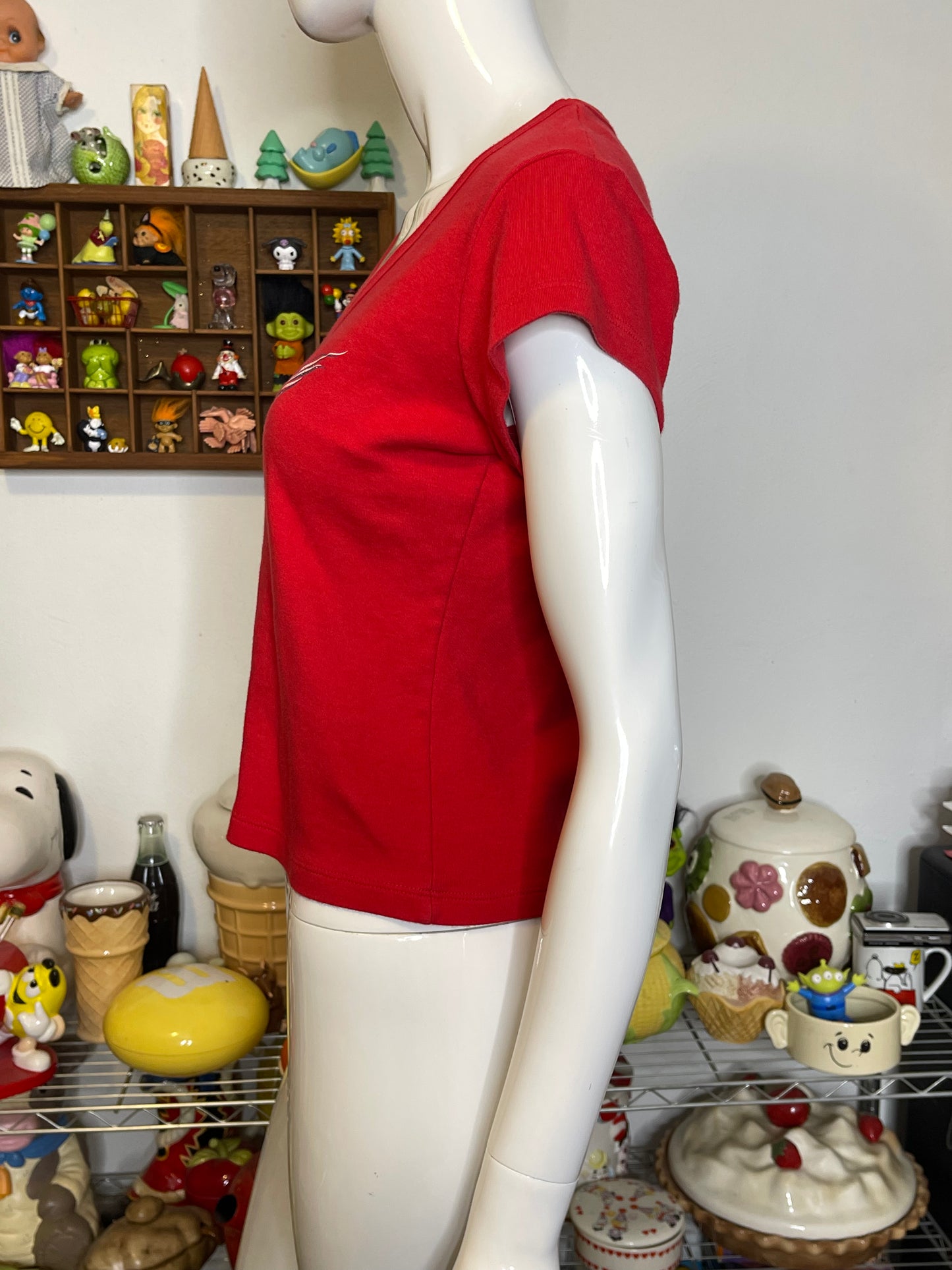 2000s Red Glitter Graphic Harley Davidson V-Neck Top Sz M/L