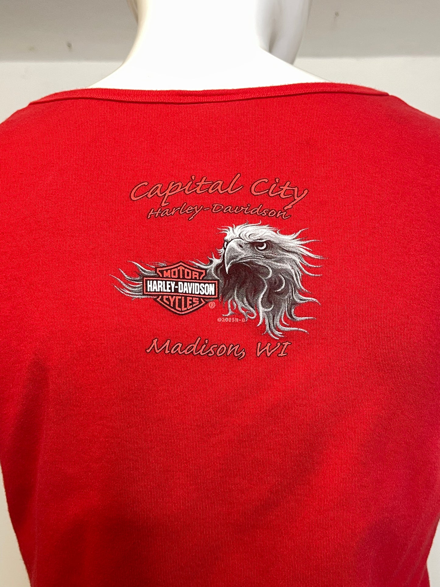2000s Red Glitter Graphic Harley Davidson V-Neck Top Sz M/L