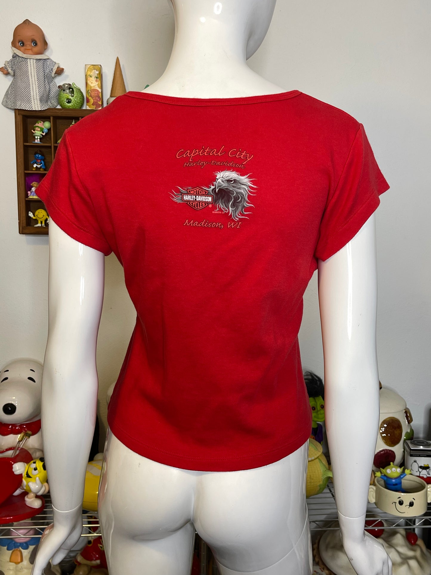 2000s Red Glitter Graphic Harley Davidson V-Neck Top Sz M/L