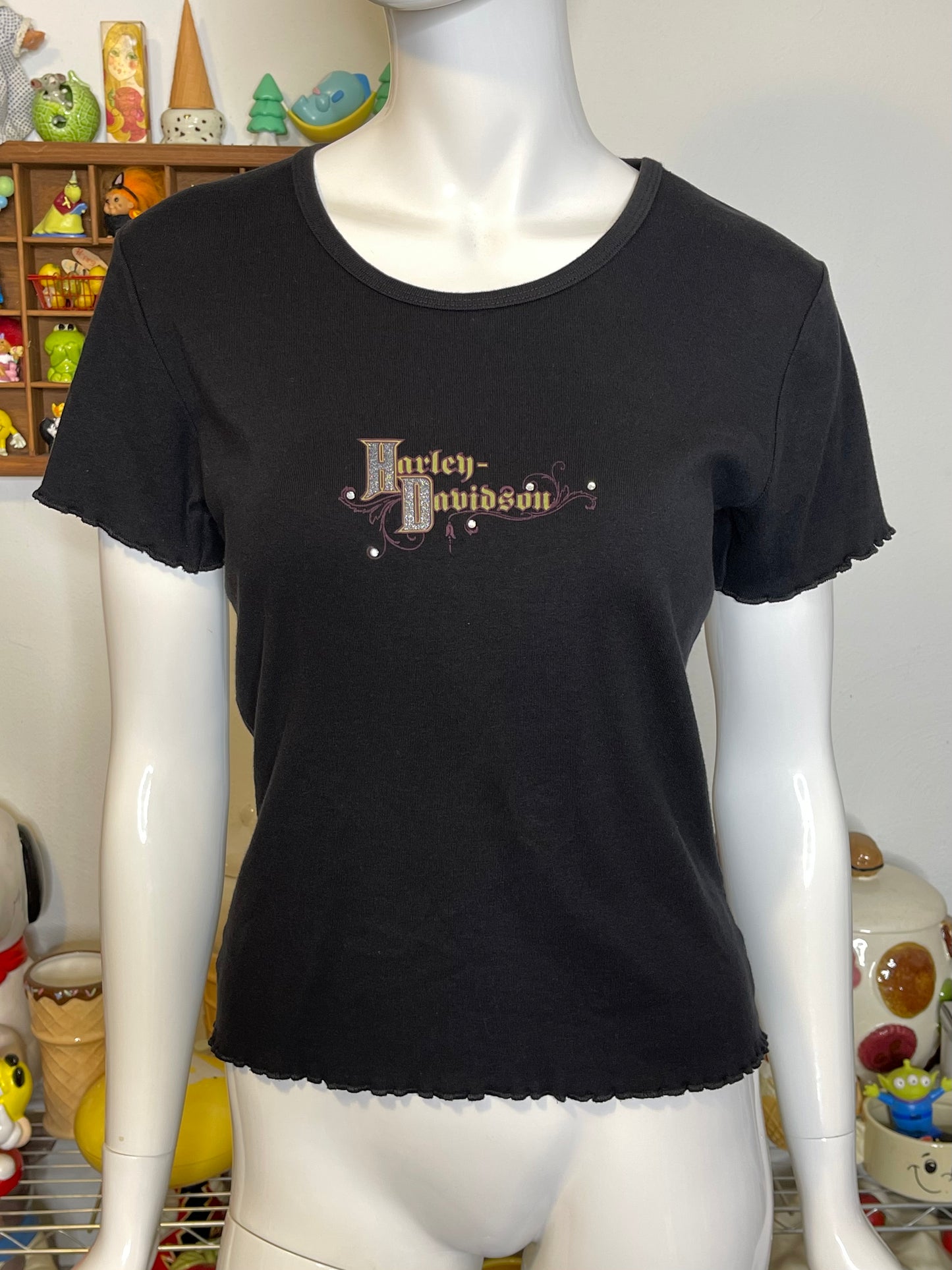 2000s Black Glitter Graphic Harley Davidson Top Sz M
