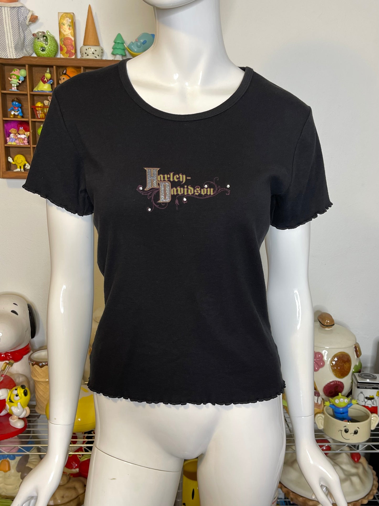 2000s Black Glitter Graphic Harley Davidson Top Sz M