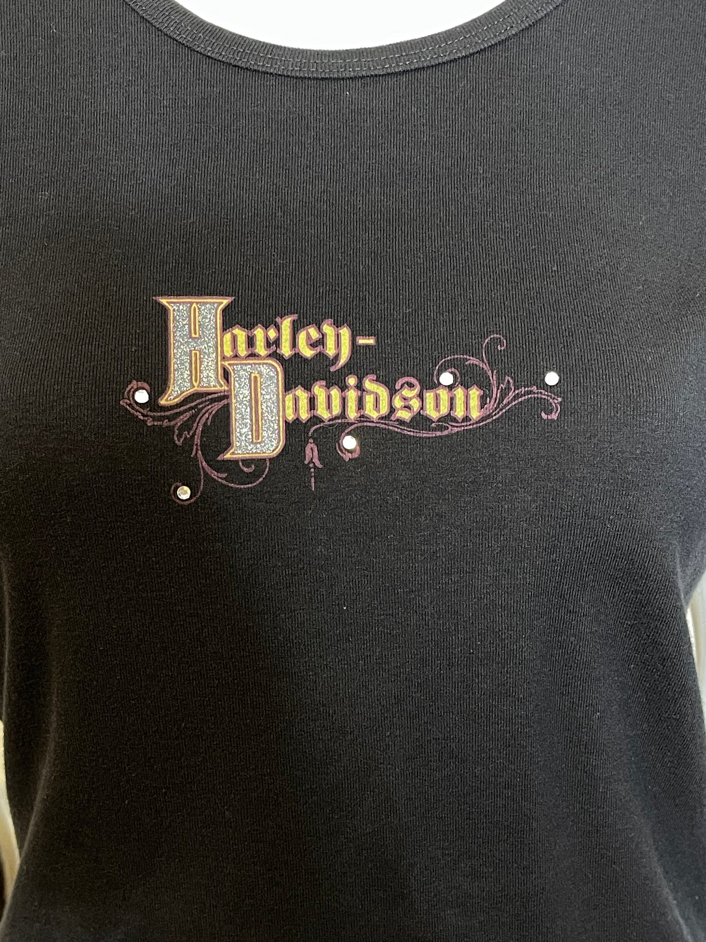 2000s Black Glitter Graphic Harley Davidson Top Sz M