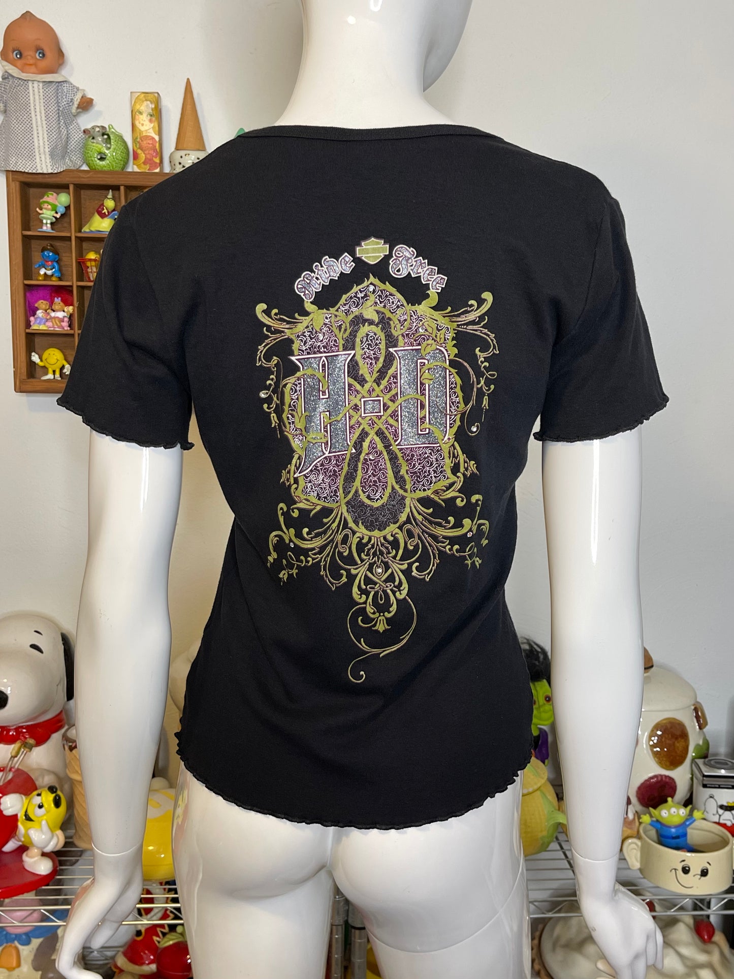 2000s Black Glitter Graphic Harley Davidson Top Sz M