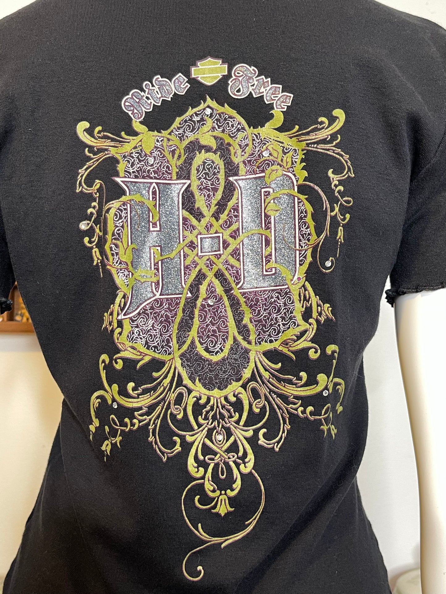 2000s Black Glitter Graphic Harley Davidson Top Sz M