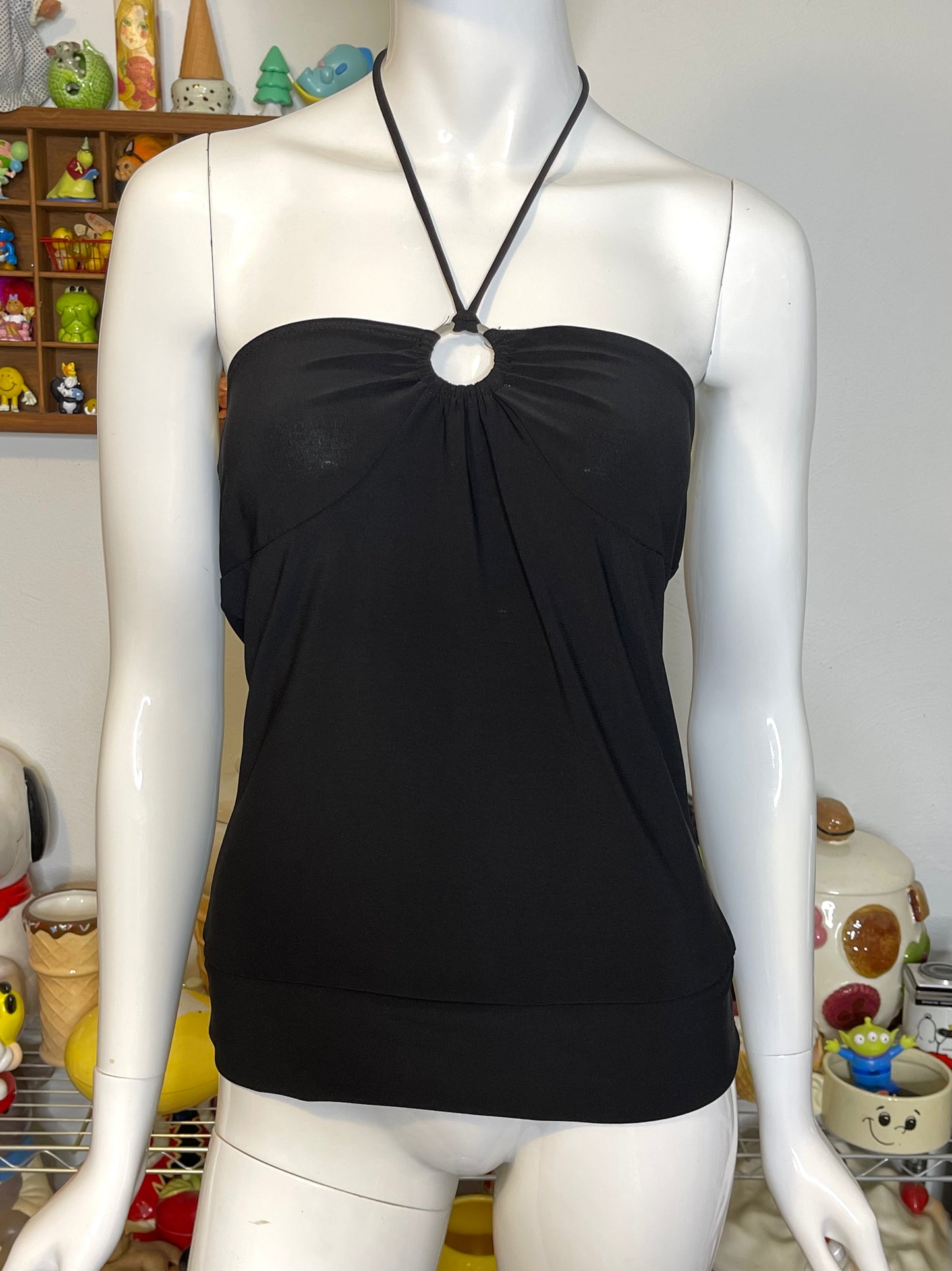2000s Black Slinky O-Ring Halter Top Sz M/L