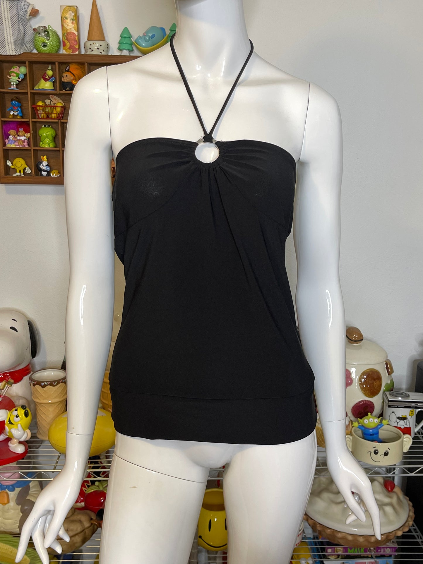 2000s Black Slinky O-Ring Halter Top Sz M/L