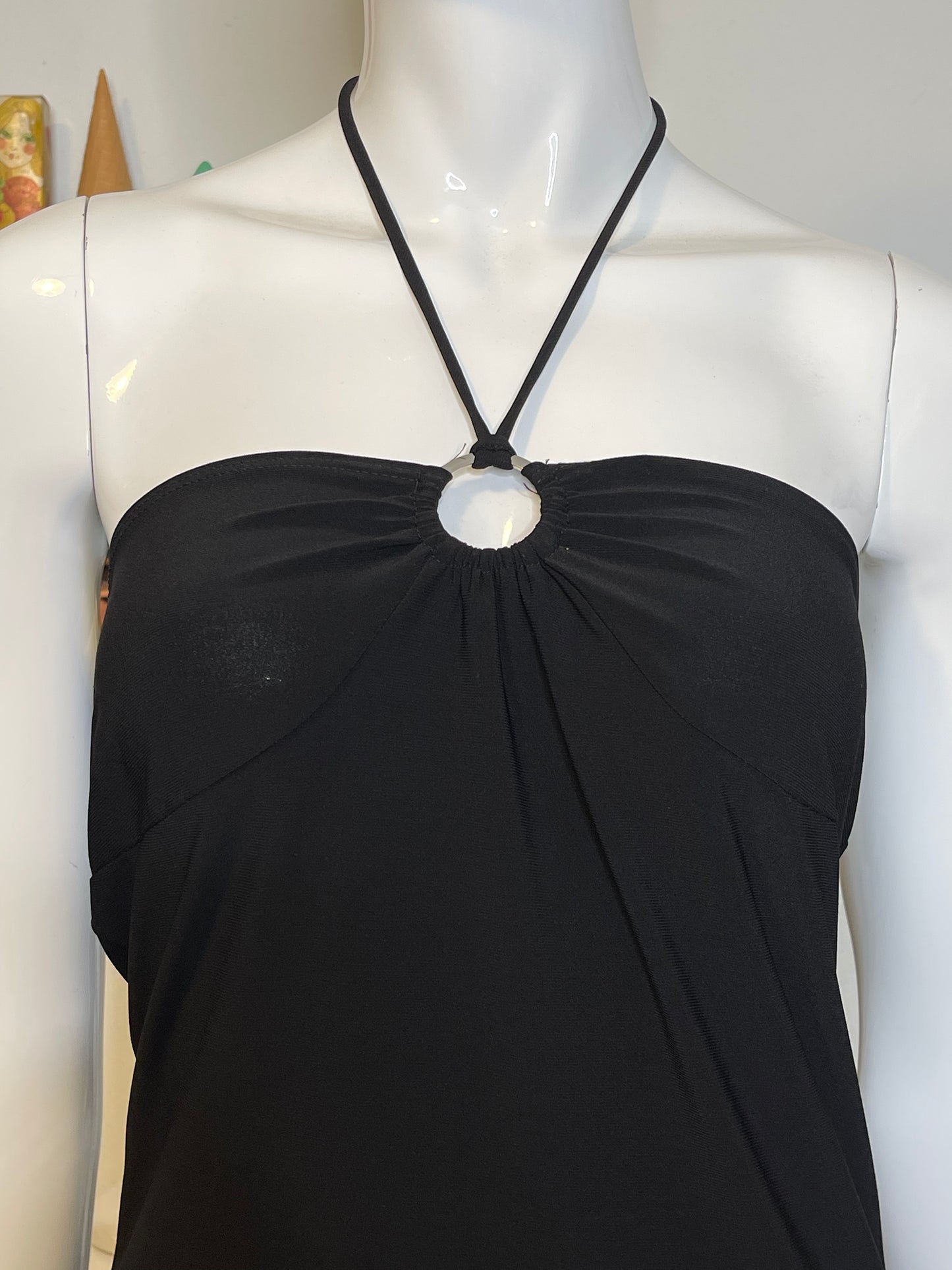 2000s Black Slinky O-Ring Halter Top Sz M/L
