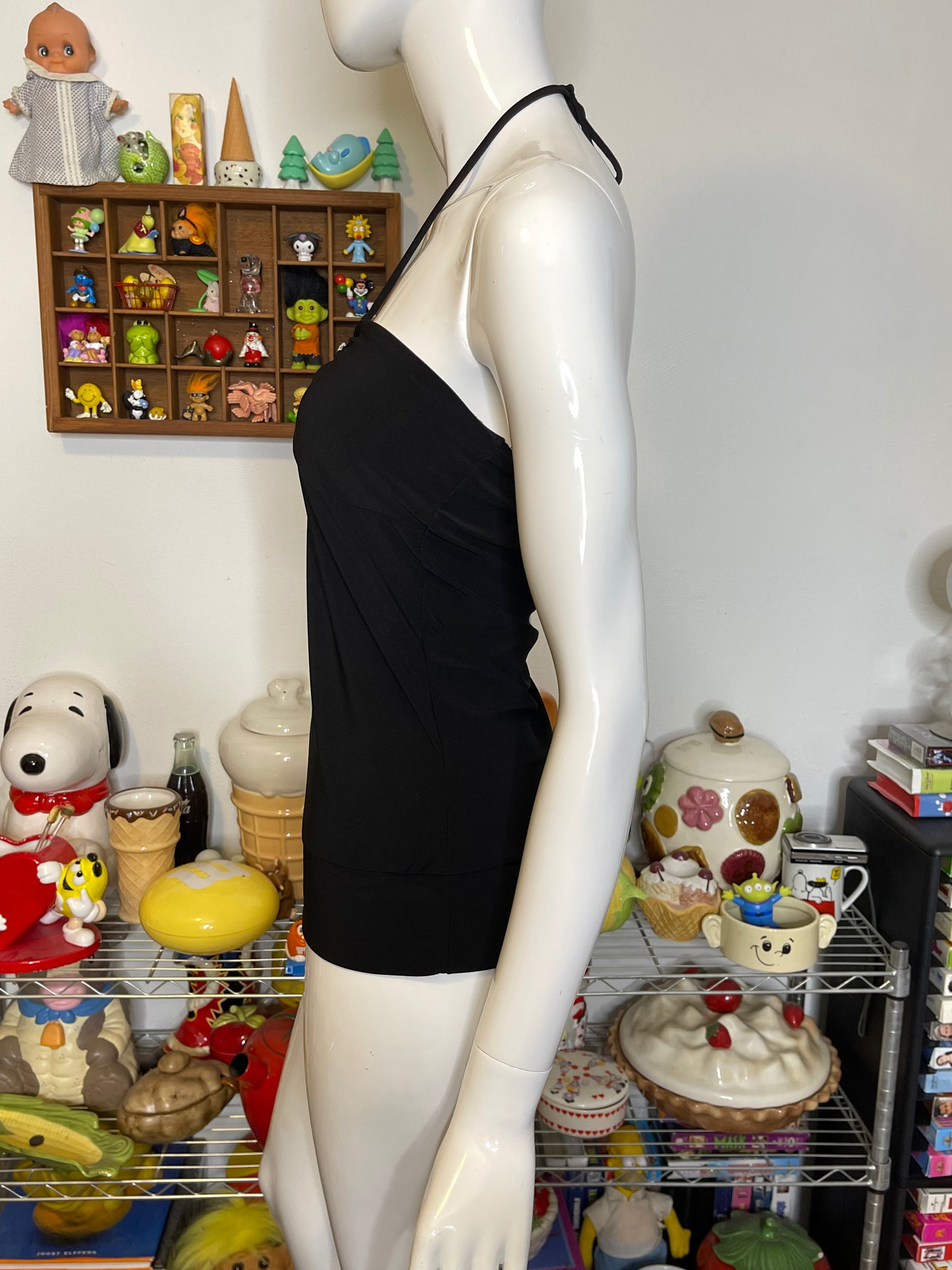 2000s Black Slinky O-Ring Halter Top Sz M/L