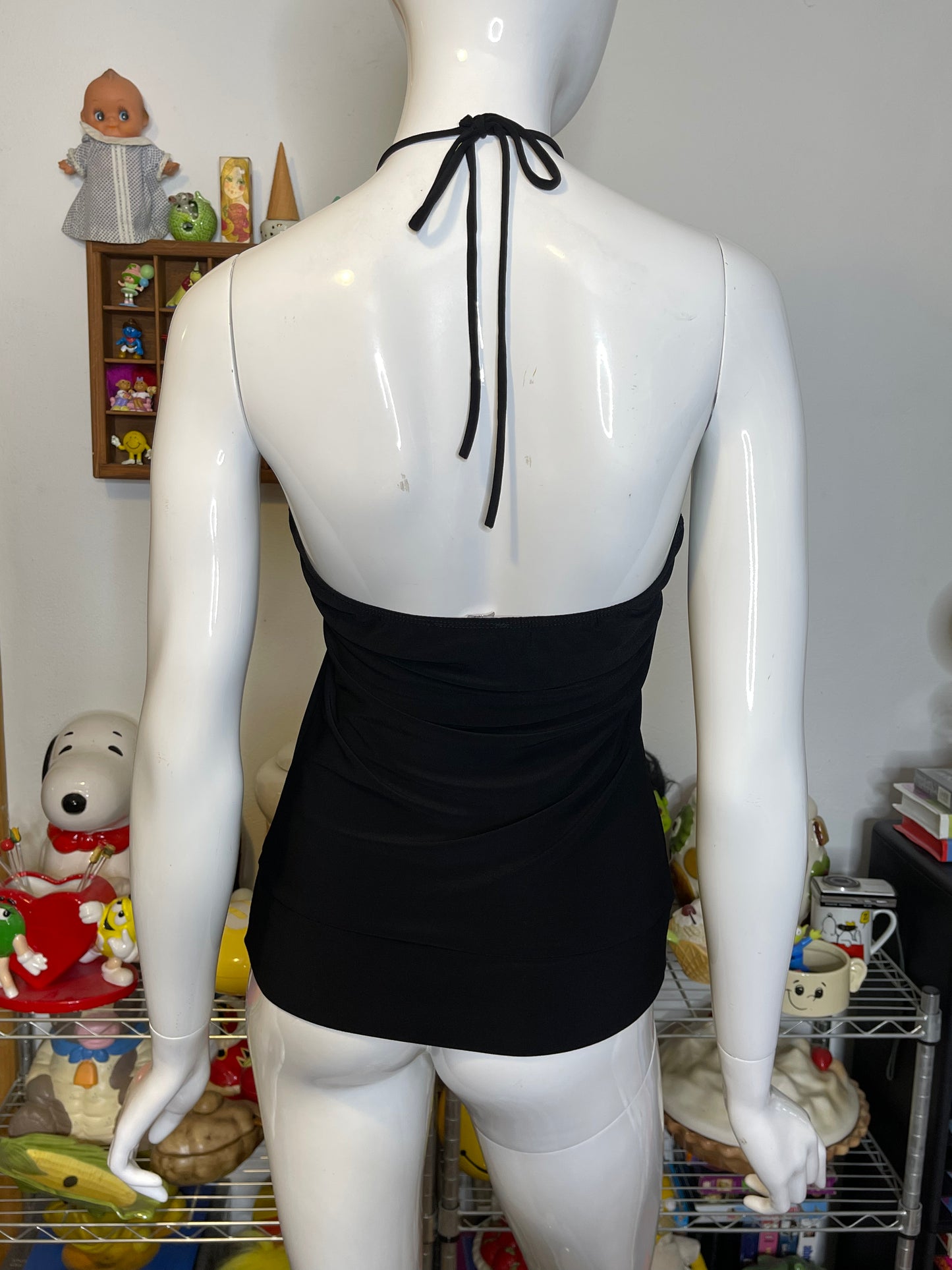 2000s Black Slinky O-Ring Halter Top Sz M/L