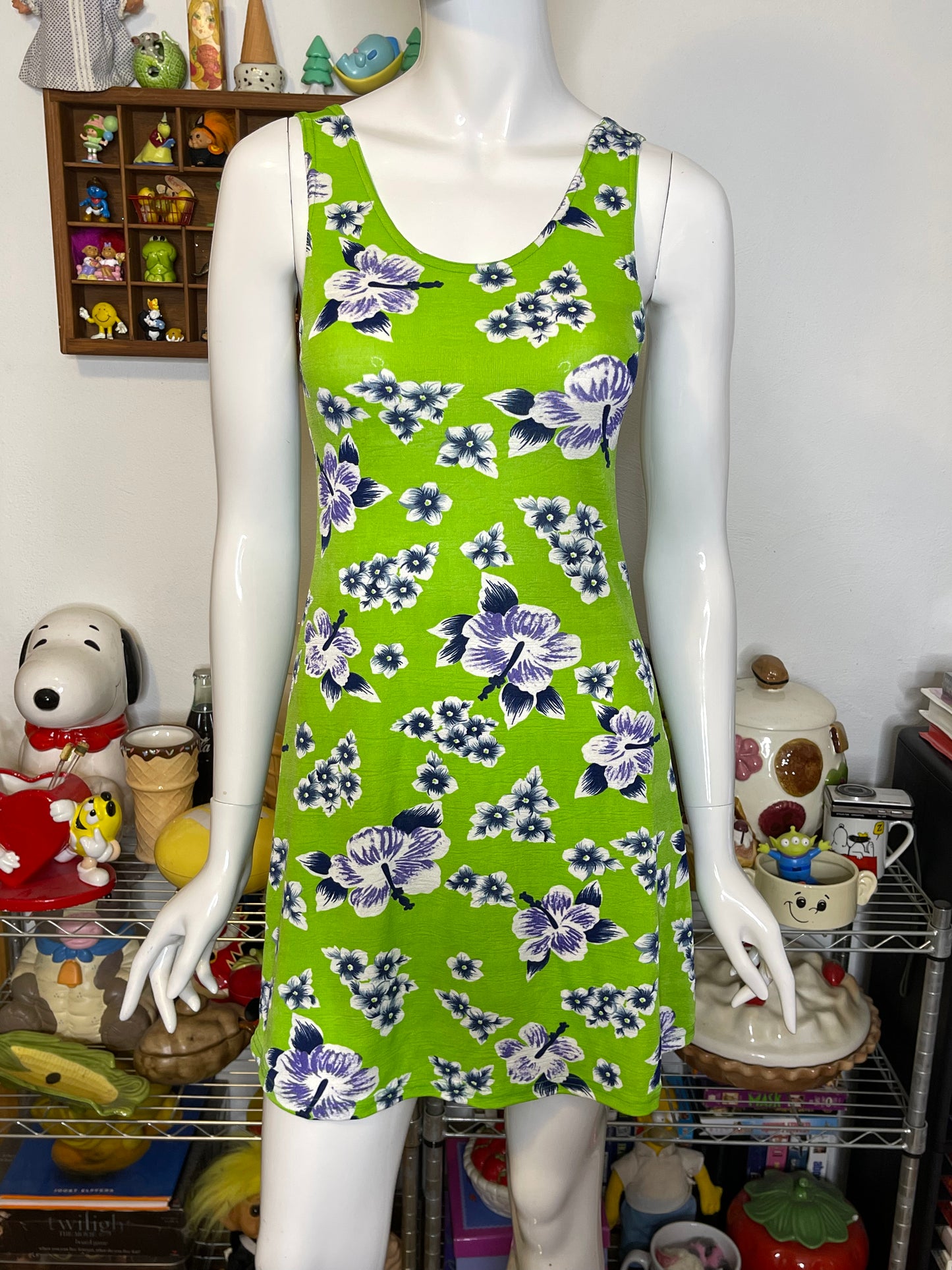 Vintage Lime Green Tropical Flower Print Mini Dress Sz M