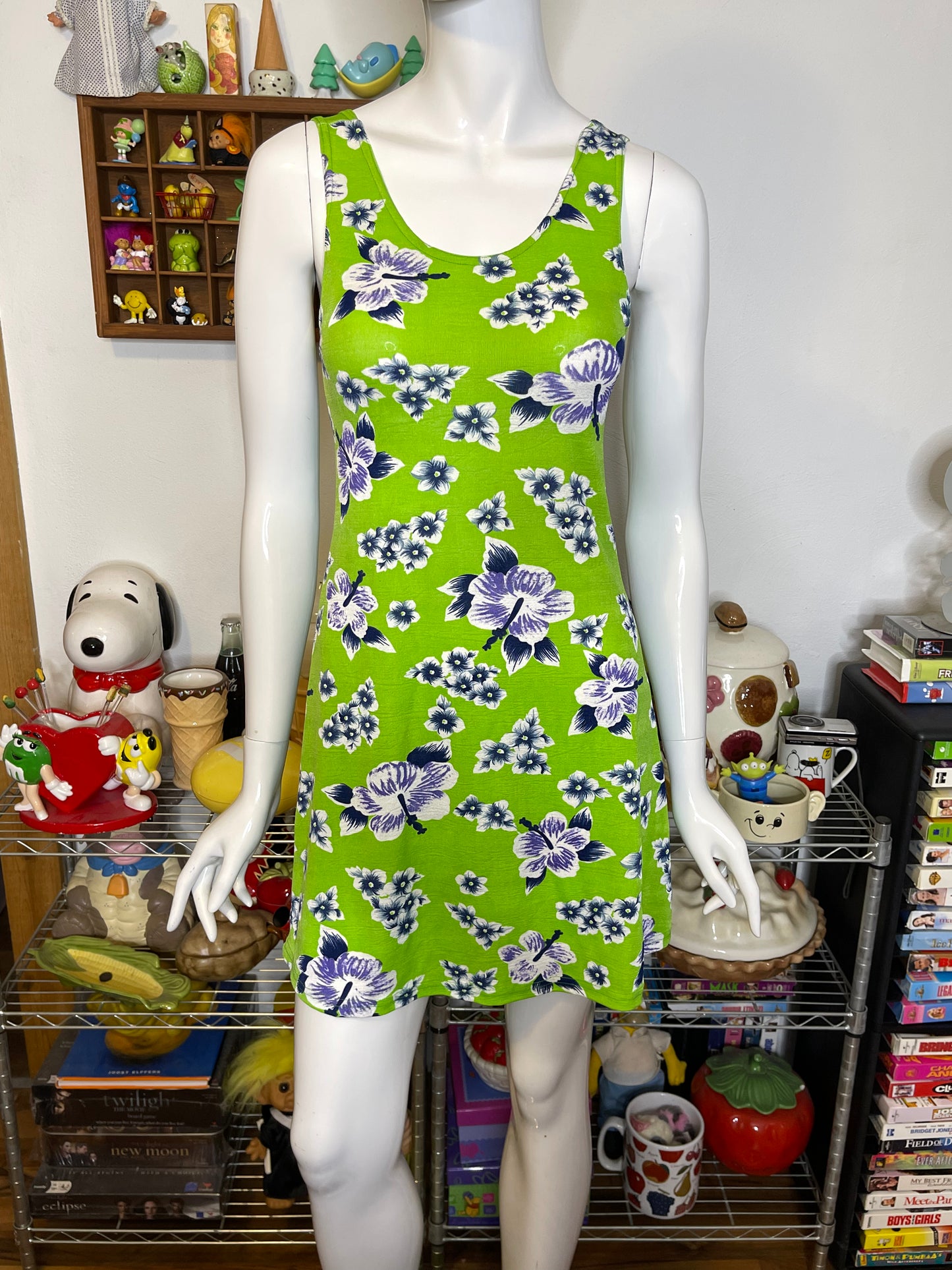 Vintage Lime Green Tropical Flower Print Mini Dress Sz M