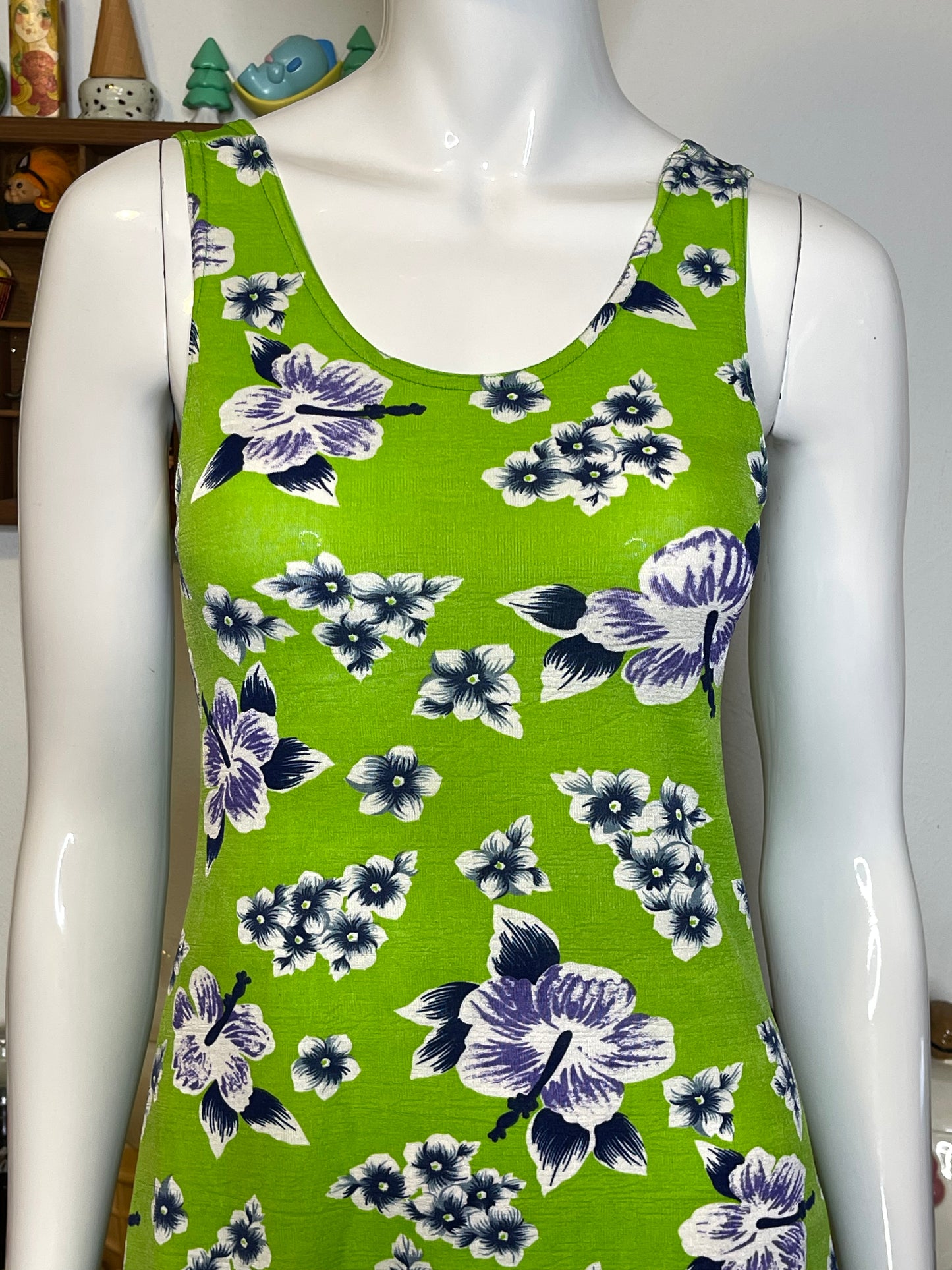 Vintage Lime Green Tropical Flower Print Mini Dress Sz M