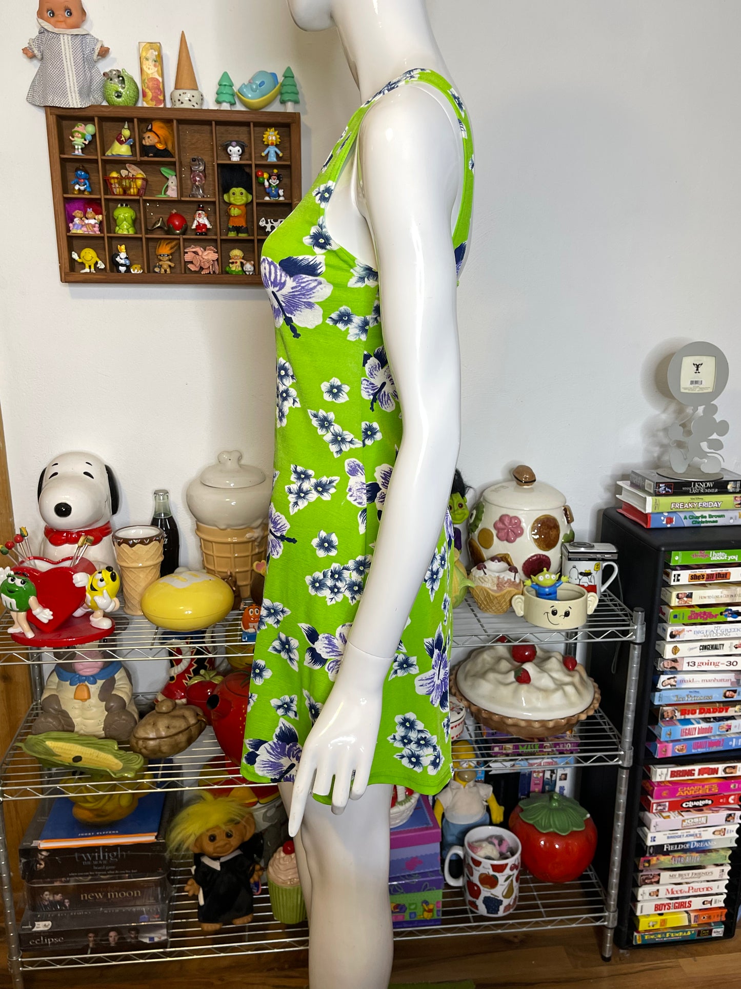 Vintage Lime Green Tropical Flower Print Mini Dress Sz M