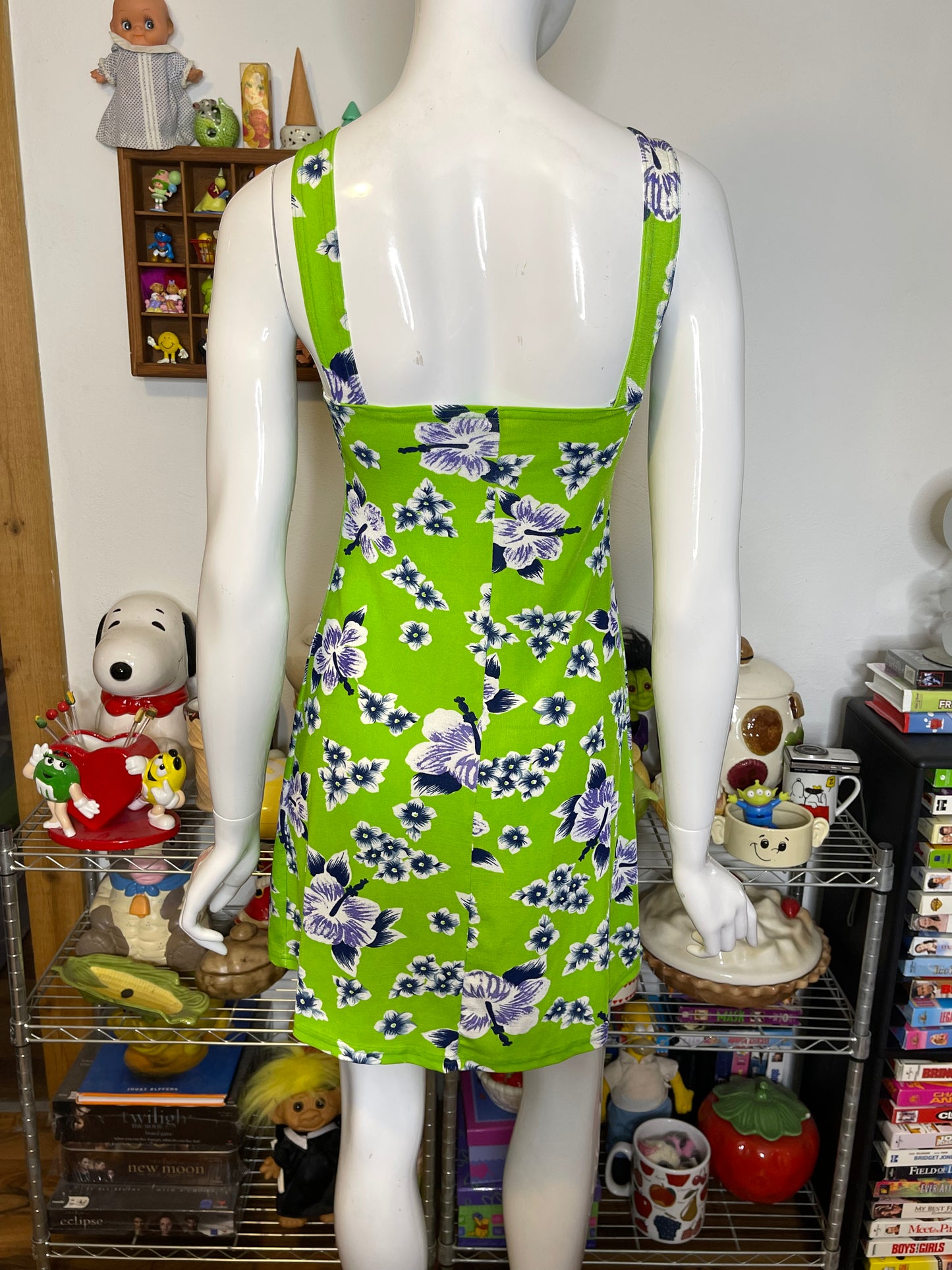 Vintage Lime Green Tropical Flower Print Mini Dress Sz M