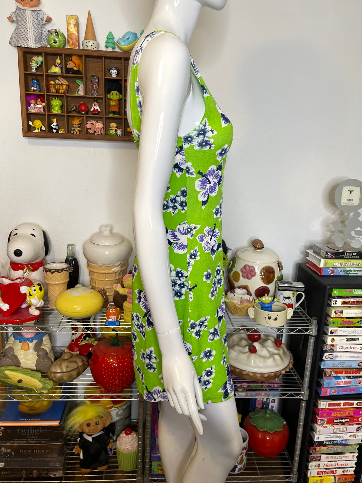 Vintage Lime Green Tropical Flower Print Mini Dress Sz M