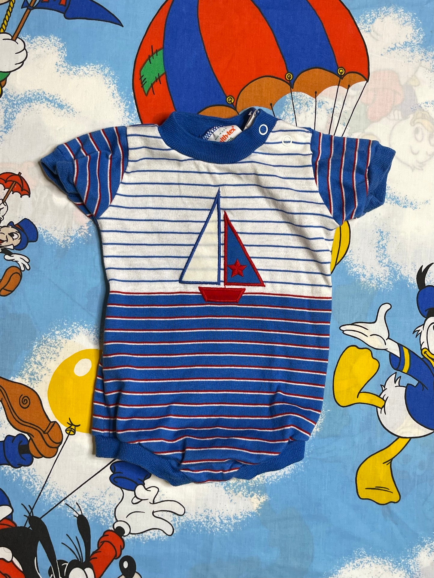 Vintage Blue Striped Multi-Color Sailboat Romper Sz 9M