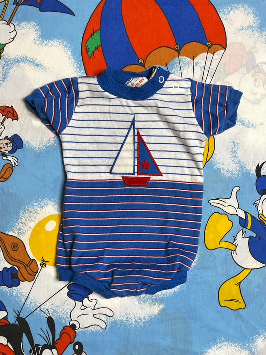 Vintage Blue Striped Multi-Color Sailboat Romper Sz 9M