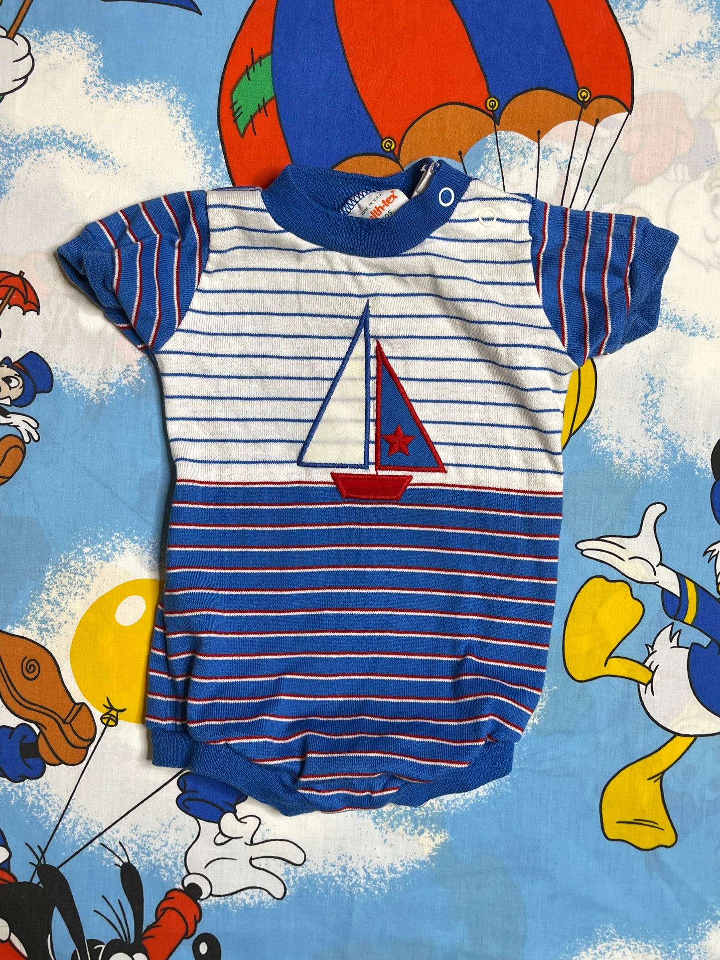 Vintage Blue Striped Multi-Color Sailboat Romper Sz 9M