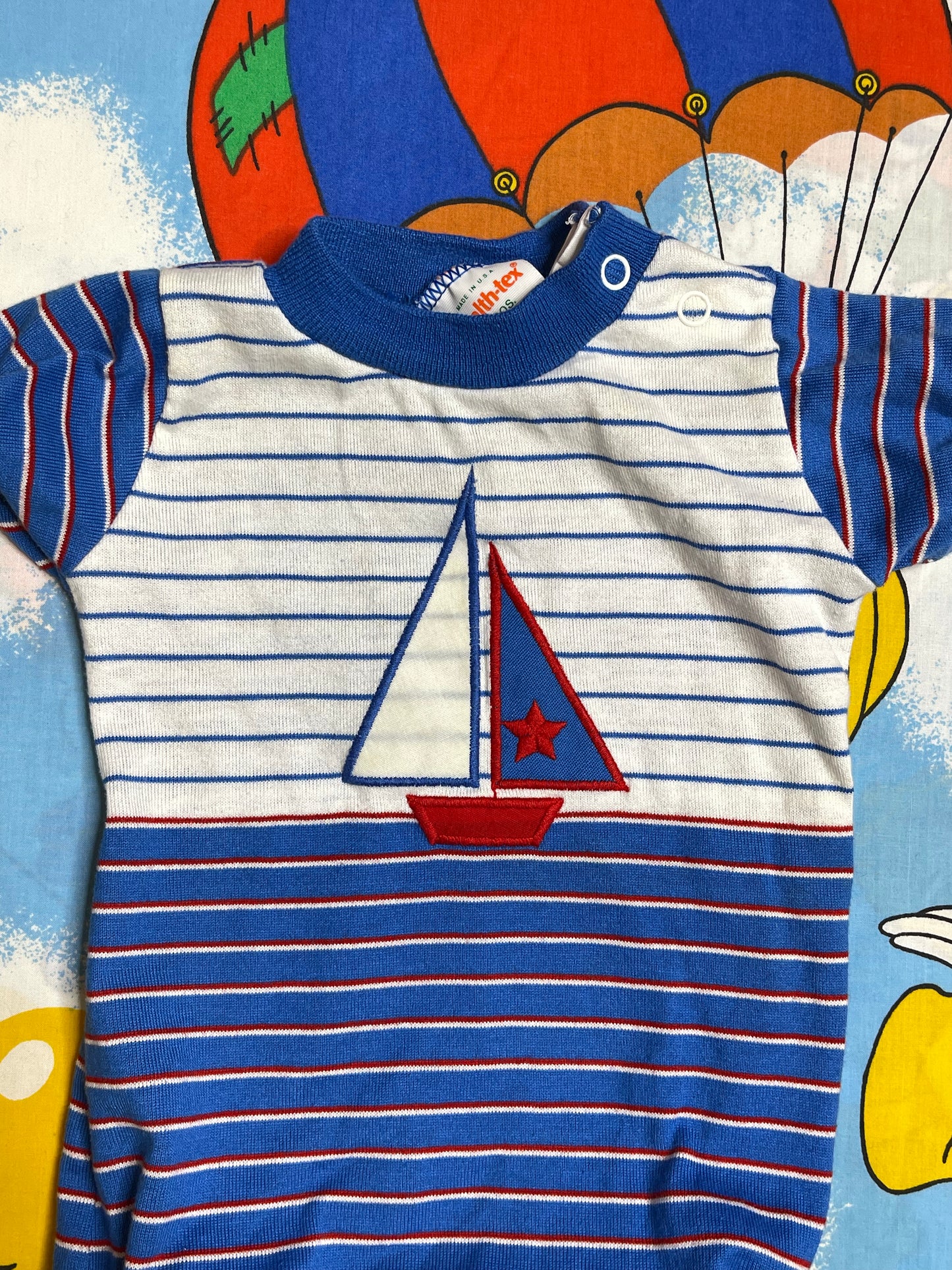 Vintage Blue Striped Multi-Color Sailboat Romper Sz 9M