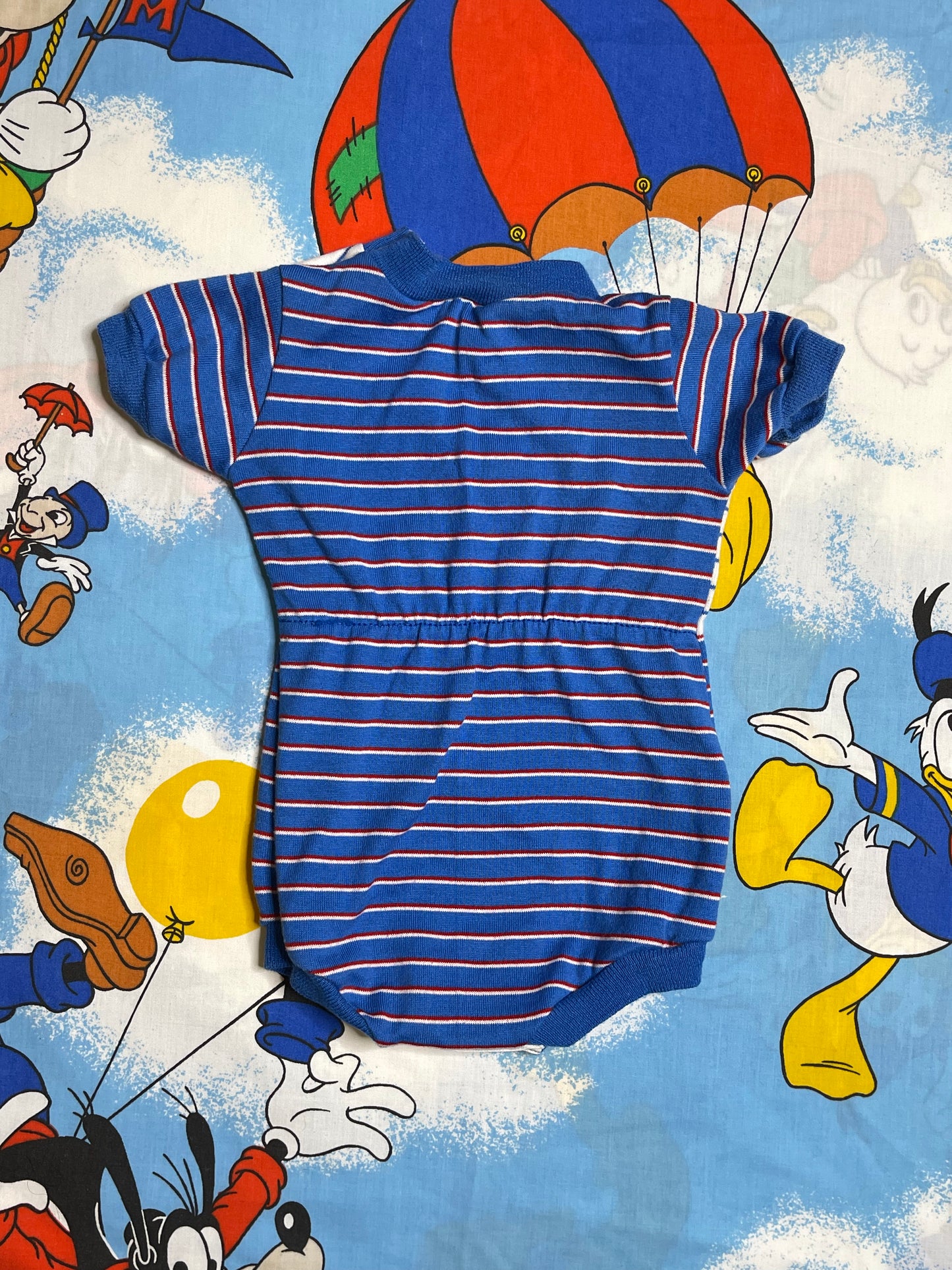 Vintage Blue Striped Multi-Color Sailboat Romper Sz 9M